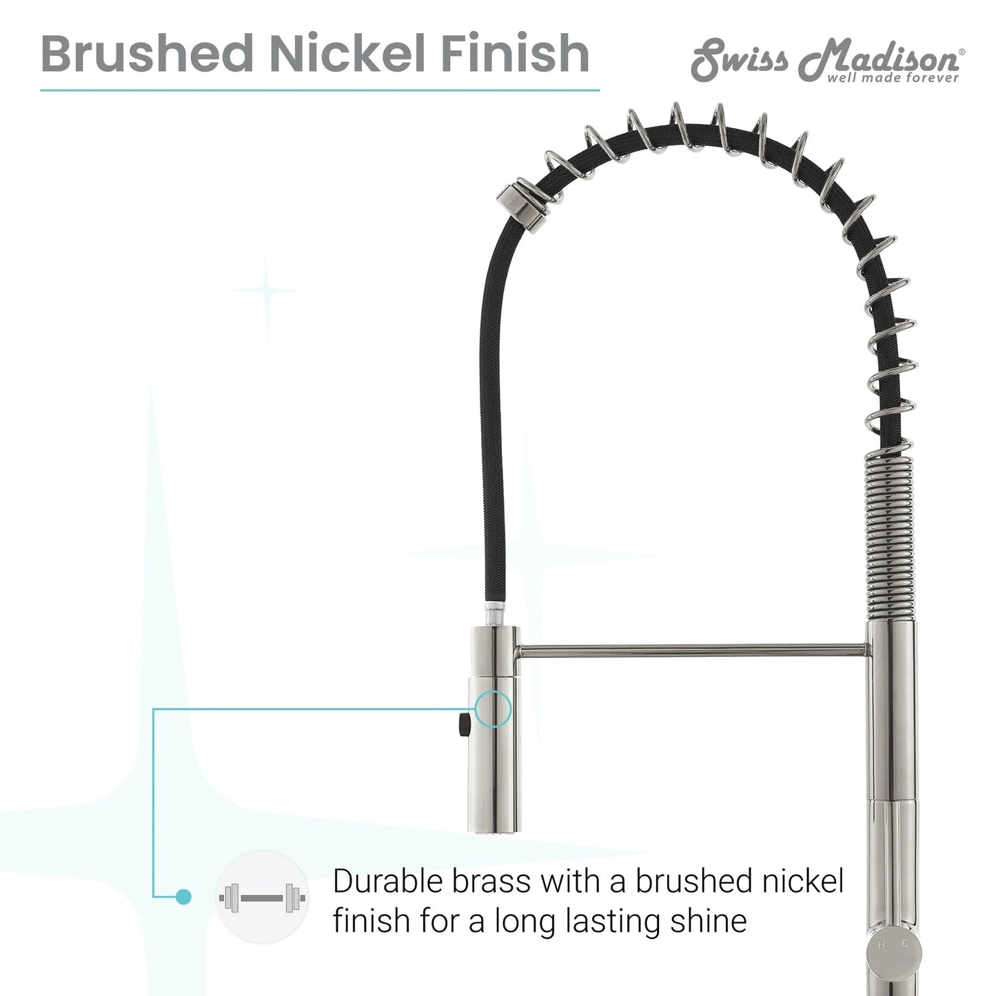 Swiss Madison Chalet 22" Single Handle Brushed Nickel Kitchen Faucet With 360 Swivel and Pull-Out Spray