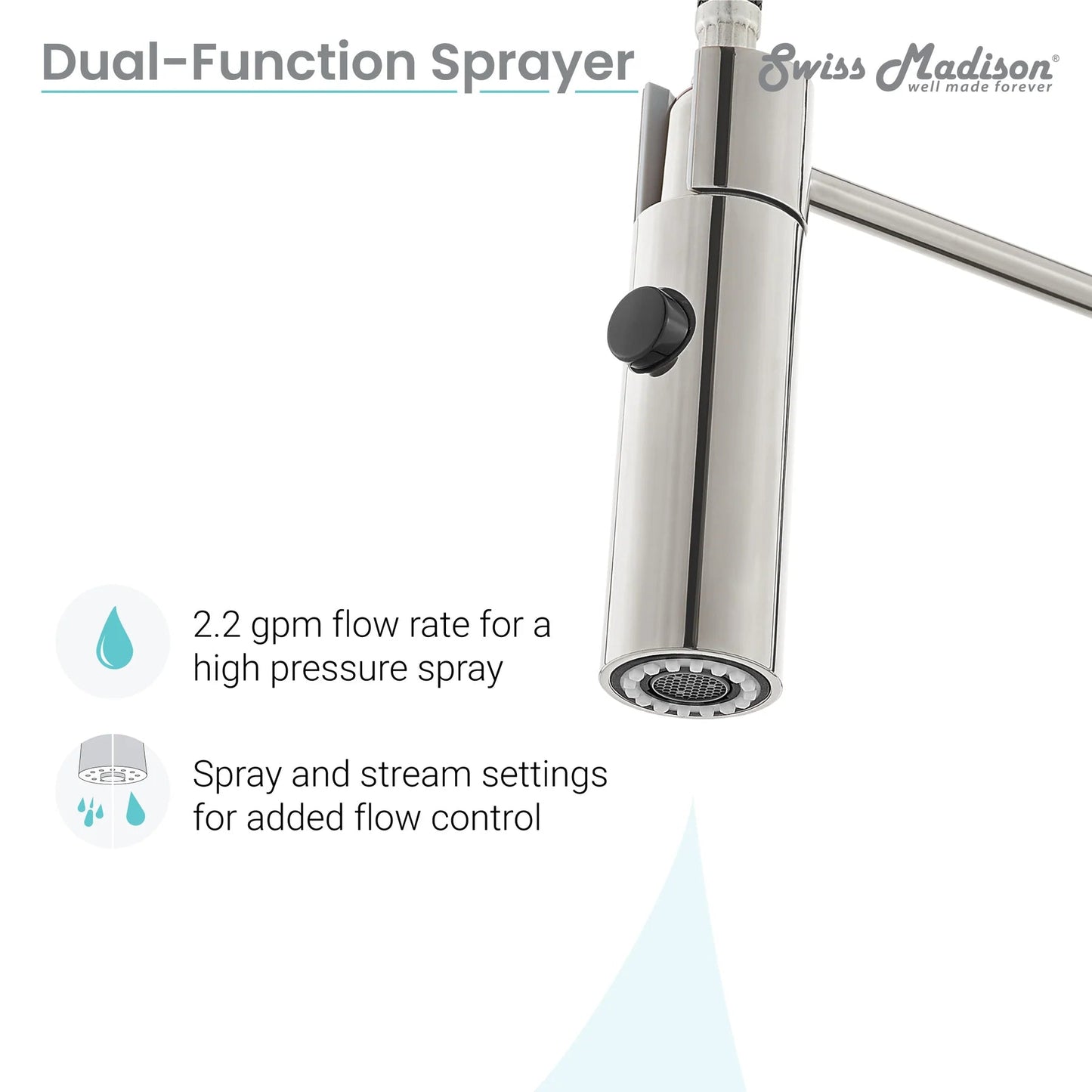 Swiss Madison Chalet 22" Single Handle Brushed Nickel Kitchen Faucet With 360 Swivel and Pull-Out Spray