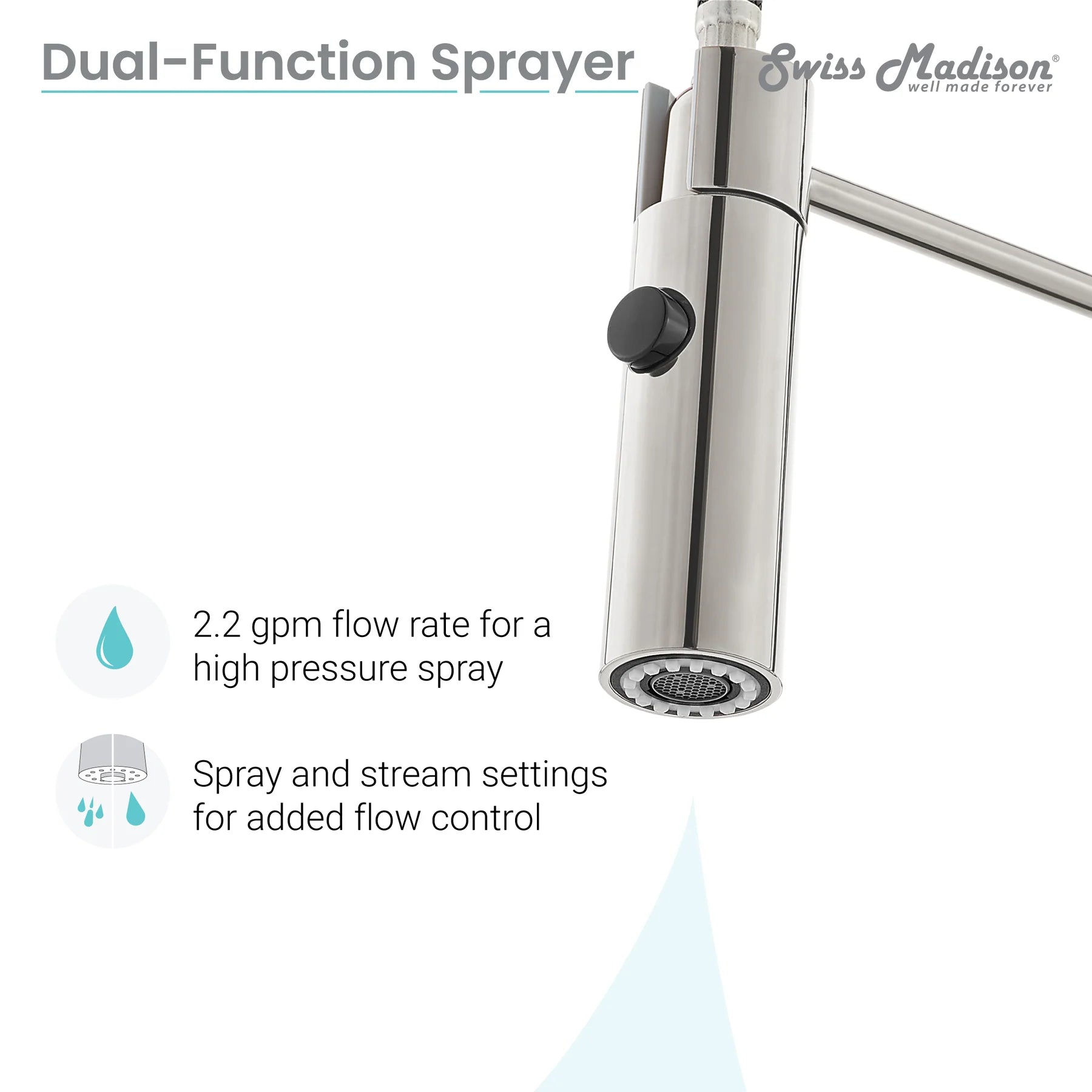 Swiss Madison Chalet 22" Single Handle Brushed Nickel Kitchen Faucet With 360 Swivel and Pull-Out Spray