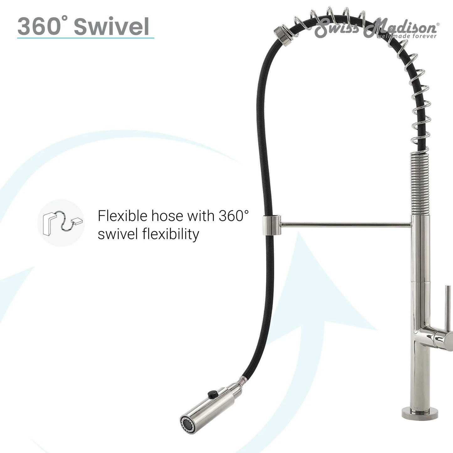 Swiss Madison Chalet 22" Single Handle Brushed Nickel Kitchen Faucet With 360 Swivel and Pull-Out Spray