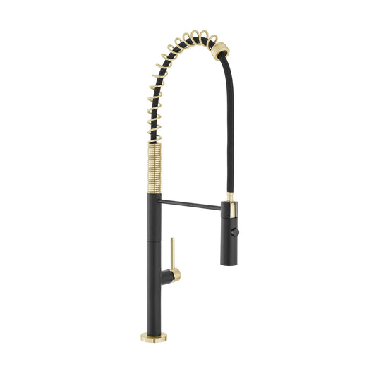 Swiss Madison Chalet 22" Single Hole Brushed Gold and Black Pull-Down Kitchen Faucet