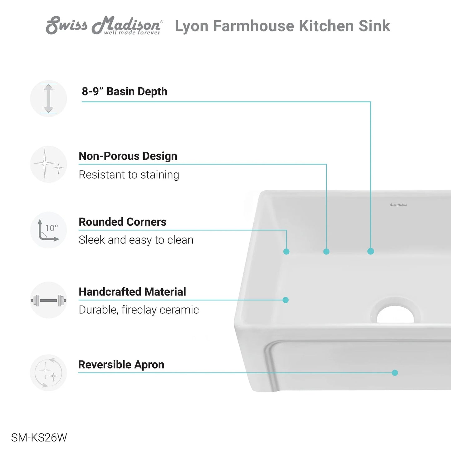 Swiss Madison Lyon 24" Single White Fireclay Farmhouse Kitchen Sink