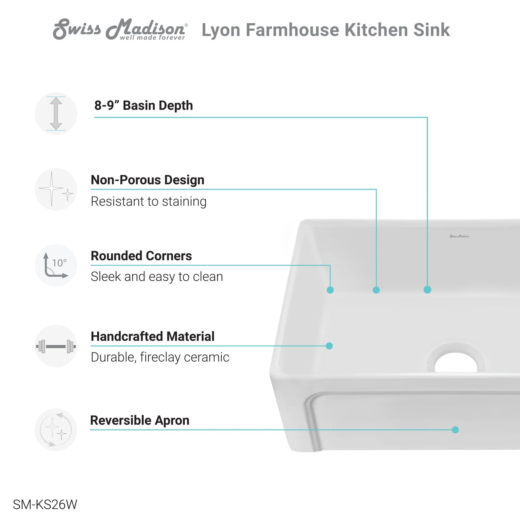 Swiss Madison Lyon 24" Single White Fireclay Farmhouse Kitchen Sink