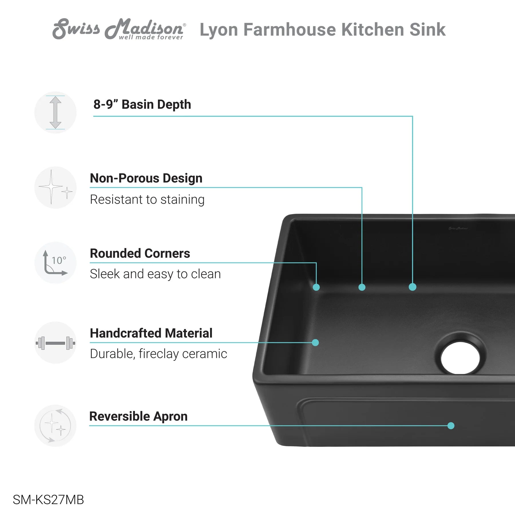 Swiss Madison Lyon 30" Single Matte Black Fireclay Farmhouse Kitchen Sink