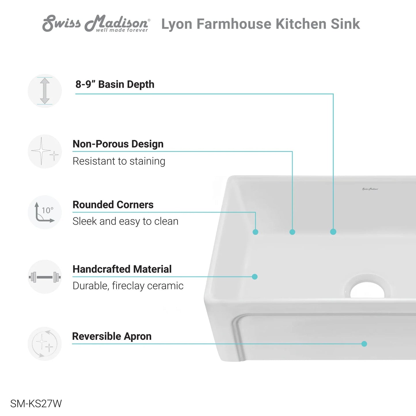 Swiss Madison Lyon 30" Single White Fireclay Farmhouse Kitchen Sink