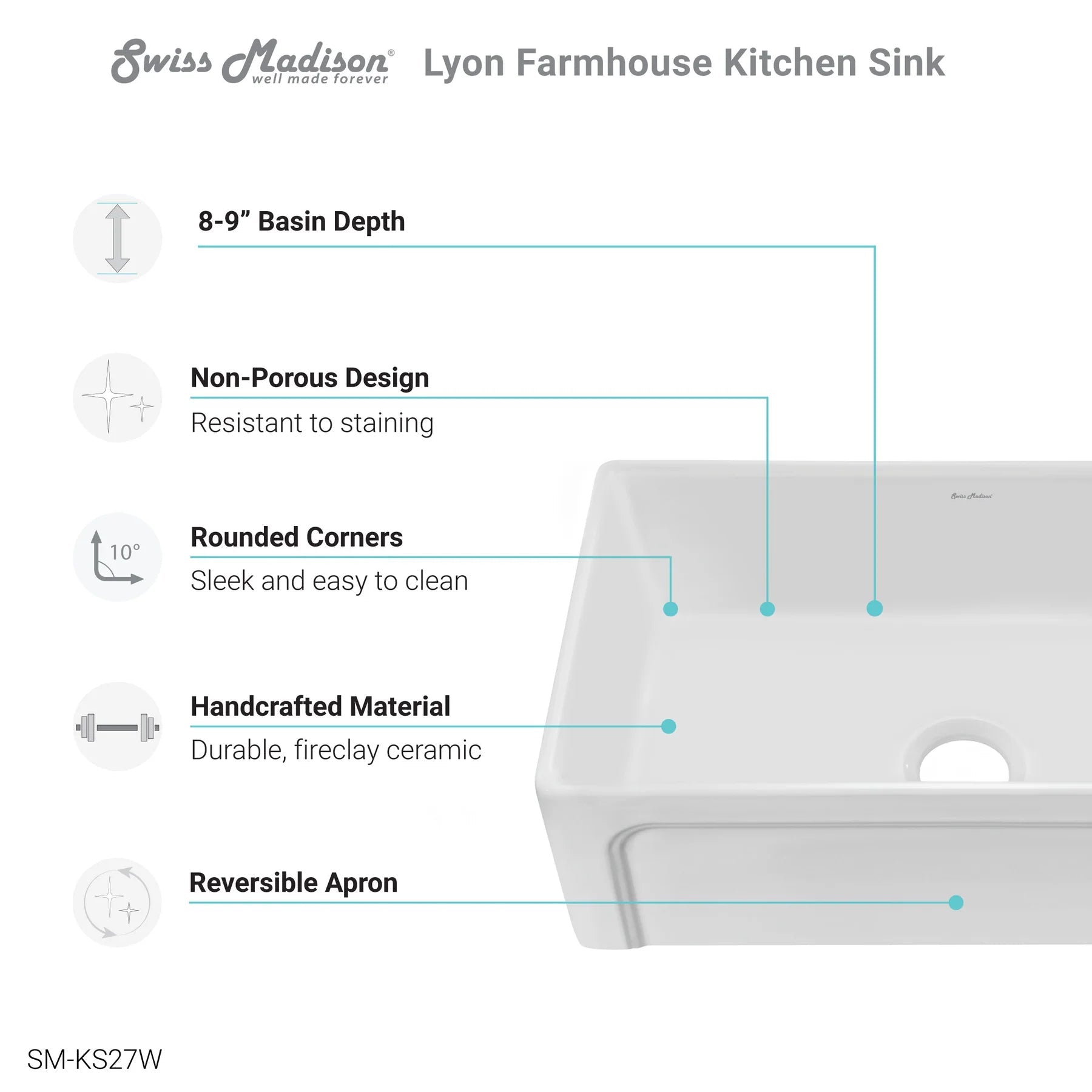 Swiss Madison Lyon 30" Single White Fireclay Farmhouse Kitchen Sink