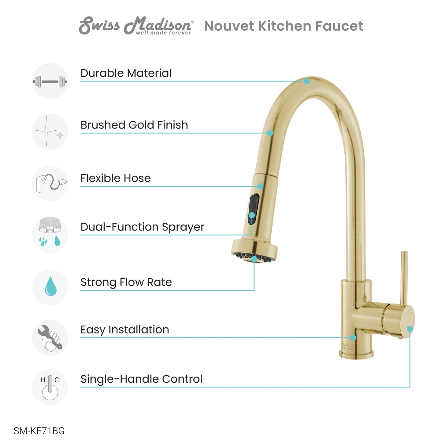 Swiss Madison Nouvet 15" Single Handle Brushed Gold Kitchen Faucet With 360 Swivel and Pull-Out Spray