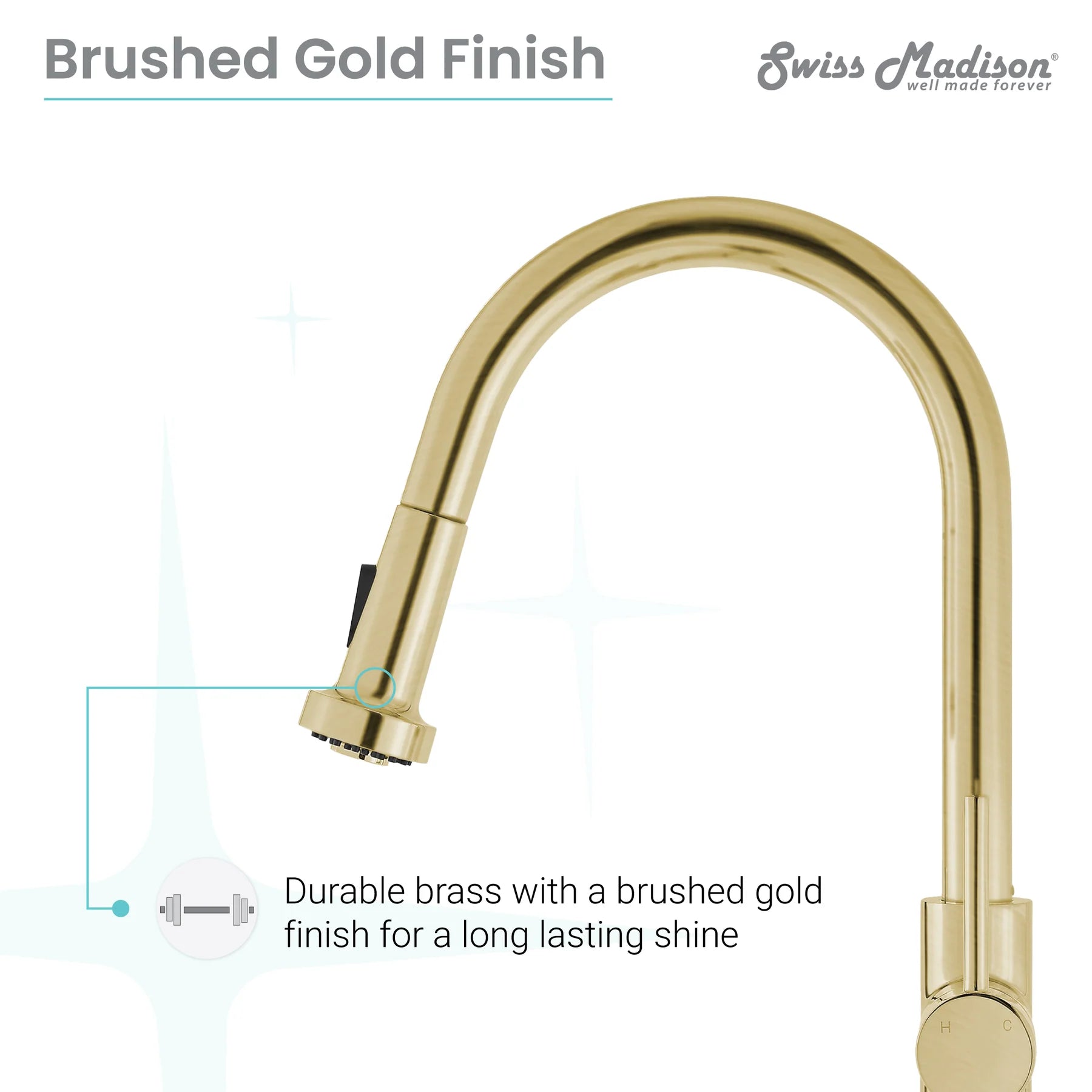 Swiss Madison Nouvet 15" Single Handle Brushed Gold Kitchen Faucet With 360 Swivel and Pull-Out Spray