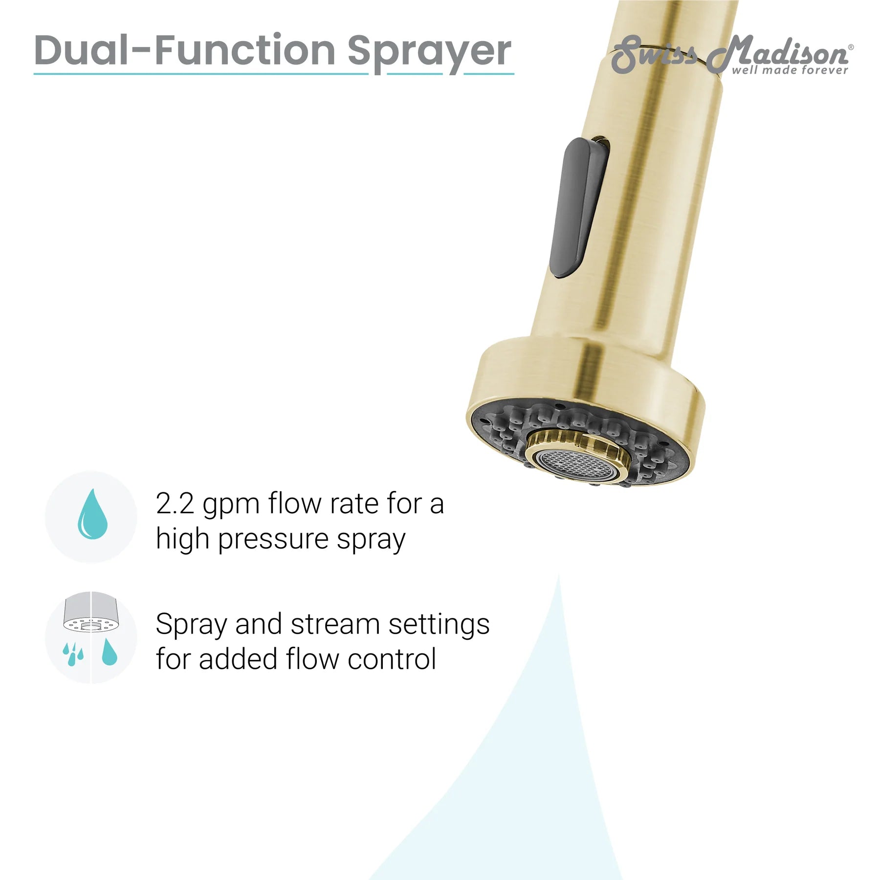 Swiss Madison Nouvet 15" Single Handle Brushed Gold Kitchen Faucet With 360 Swivel and Pull-Out Spray