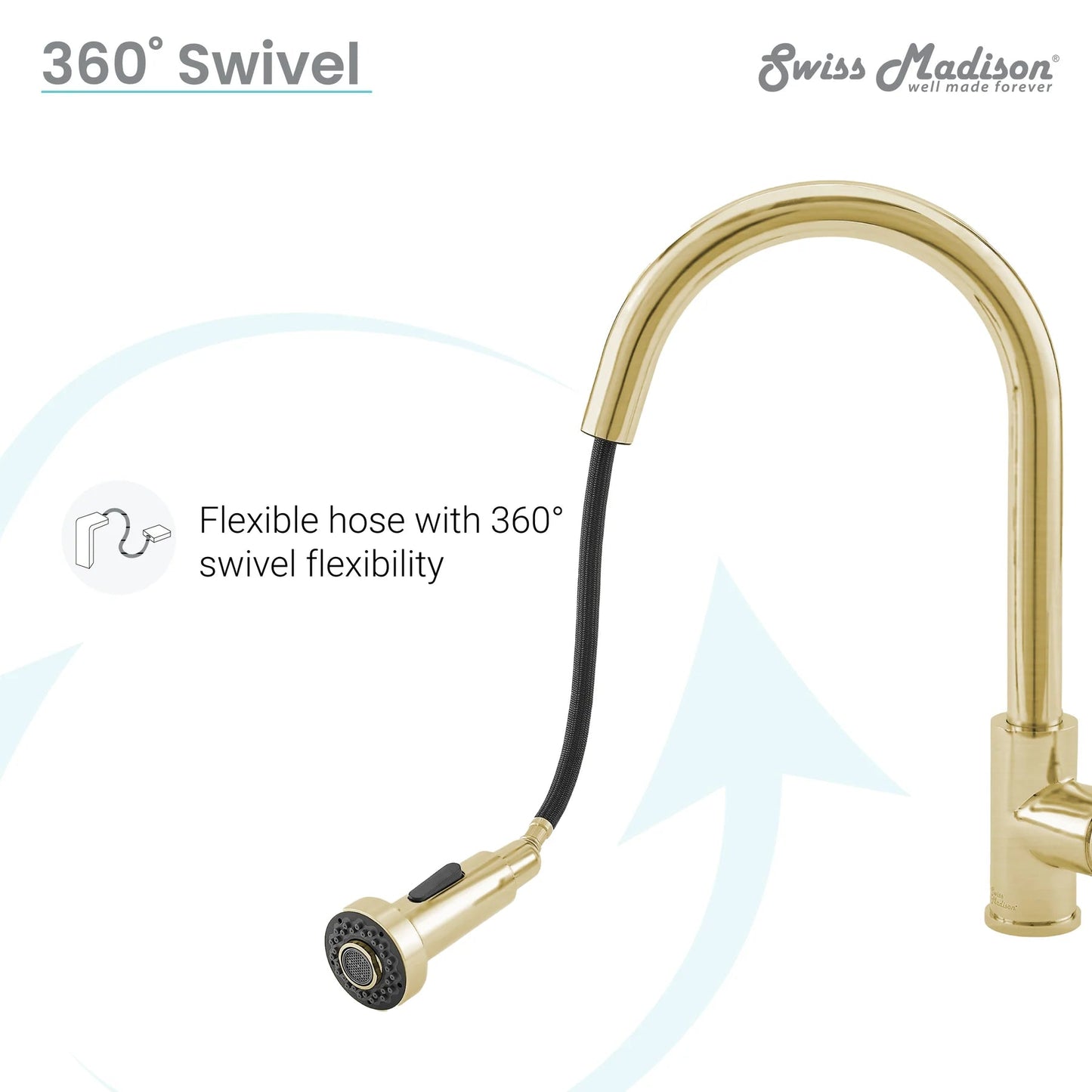 Swiss Madison Nouvet 15" Single Handle Brushed Gold Kitchen Faucet With 360 Swivel and Pull-Out Spray