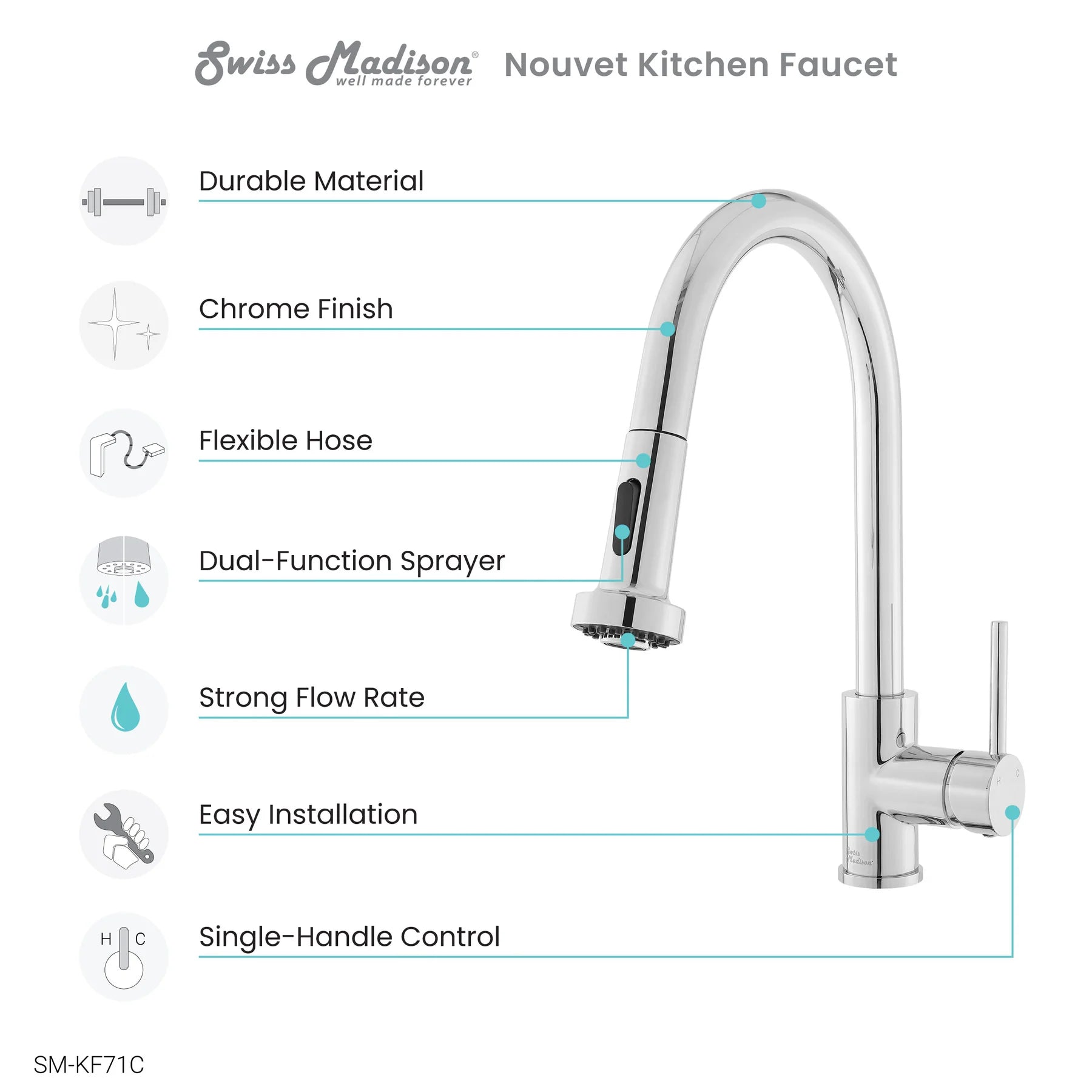 Swiss Madison Nouvet 15" Single Handle Chrome Kitchen Faucet With 360 Swivel and Pull-Out Spray