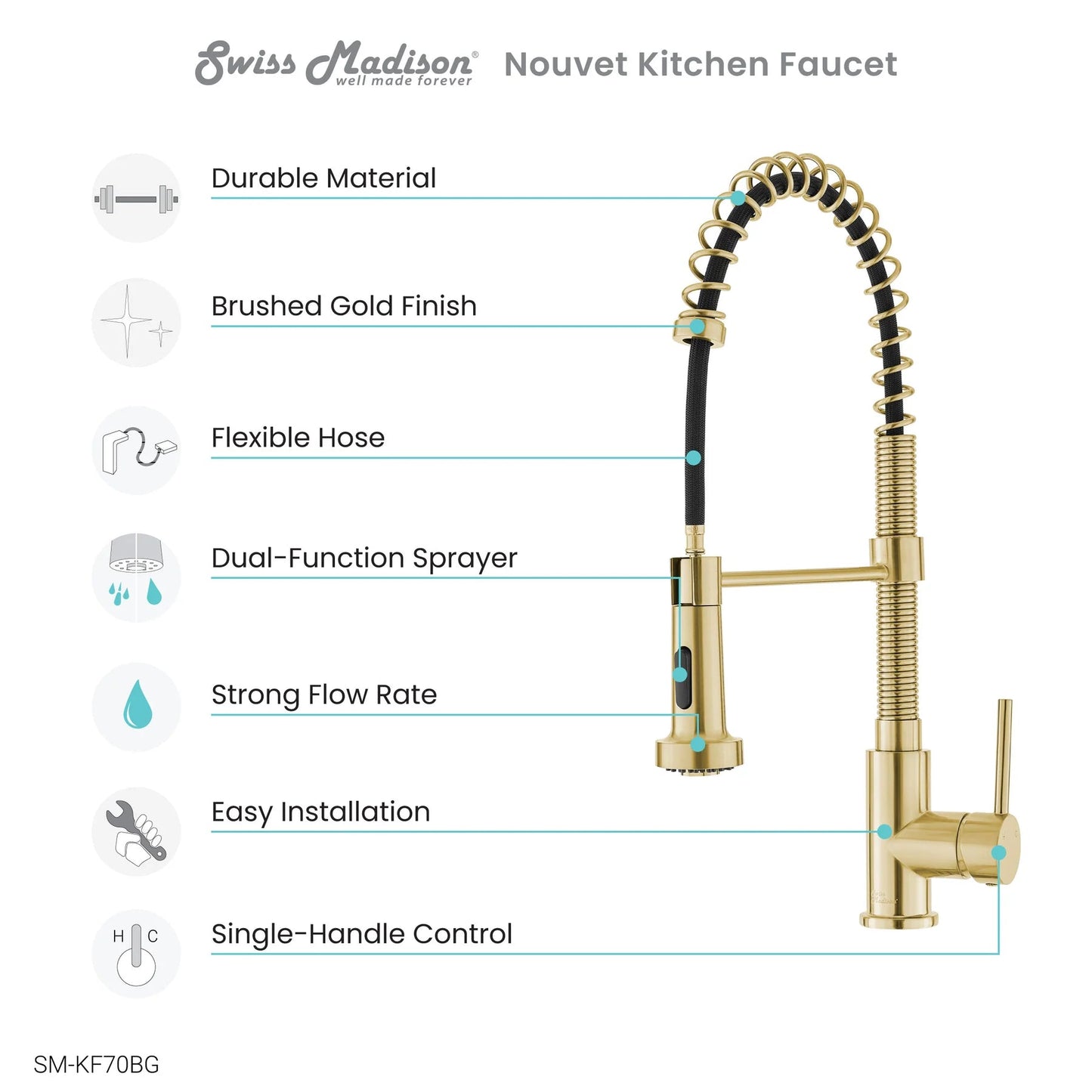 Swiss Madison Nouvet 19" Single Handle Brushed Gold Kitchen Faucet With 360 Swivel and Pull-Out Spray