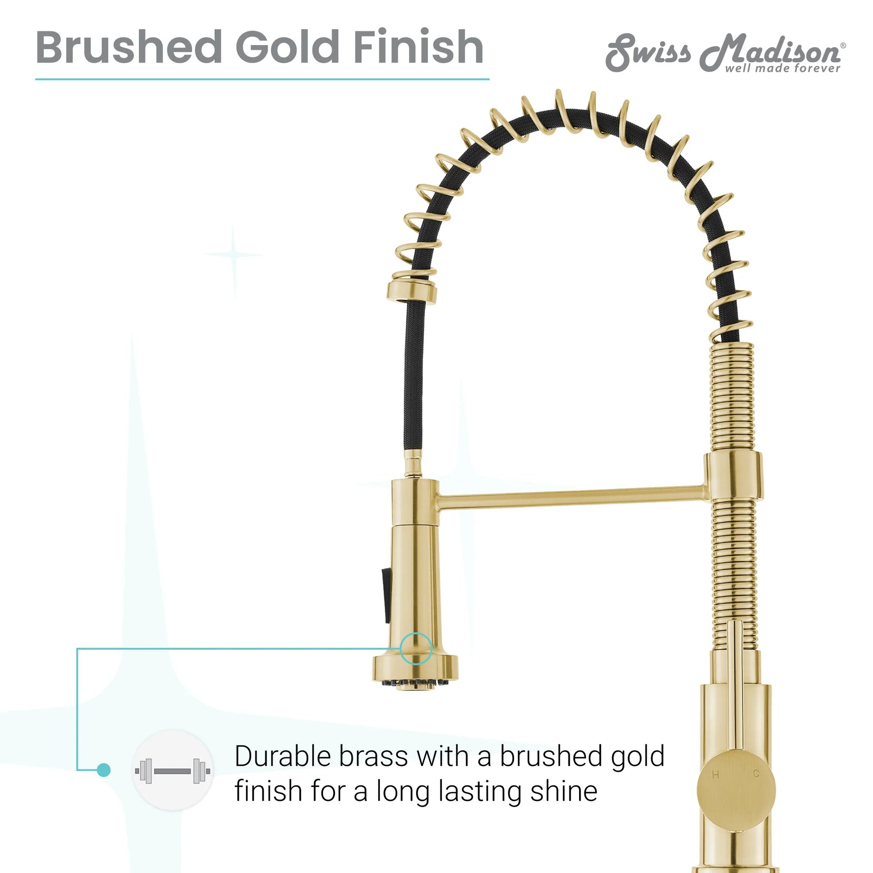 Swiss Madison Nouvet 19" Single Handle Brushed Gold Kitchen Faucet With 360 Swivel and Pull-Out Spray
