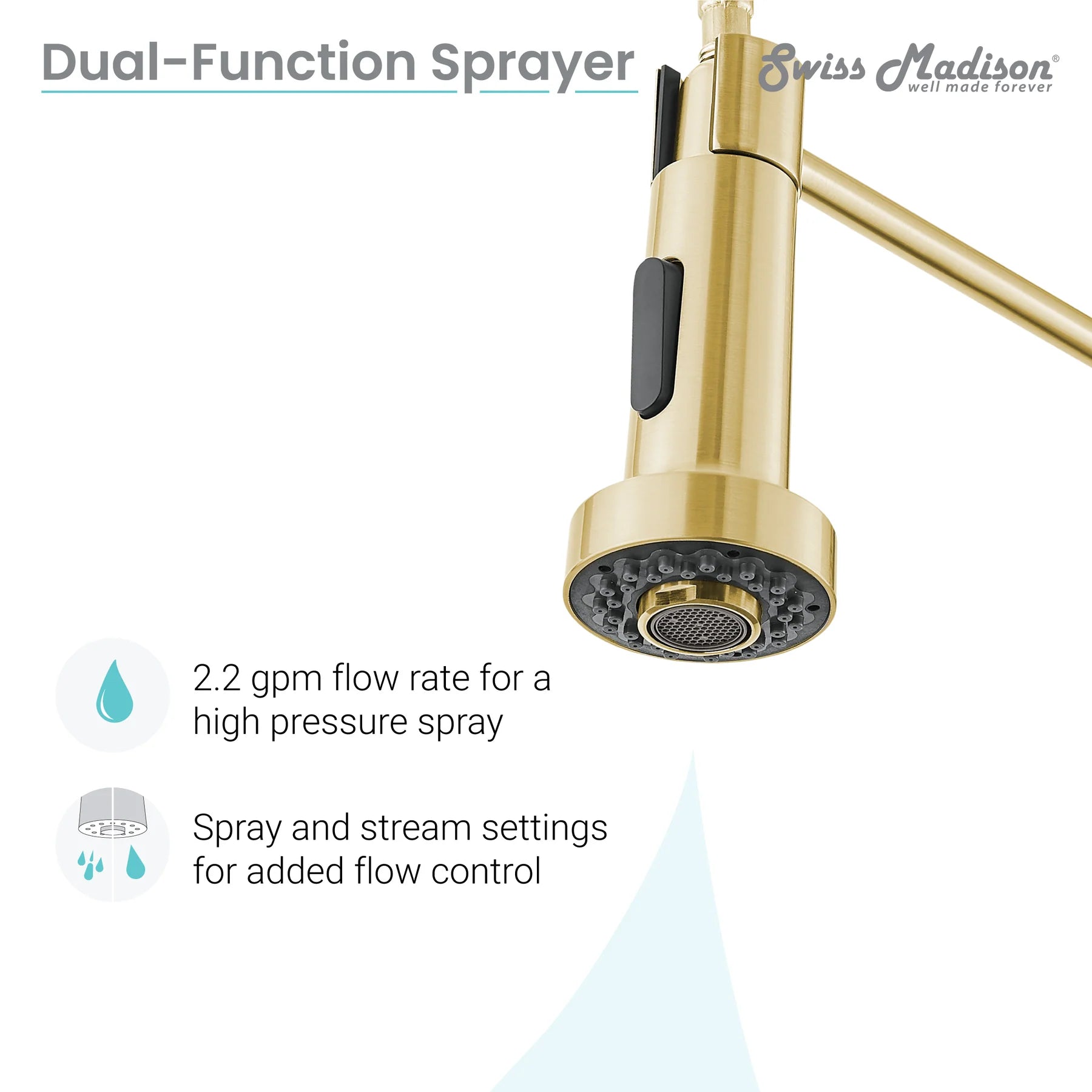 Swiss Madison Nouvet 19" Single Handle Brushed Gold Kitchen Faucet With 360 Swivel and Pull-Out Spray