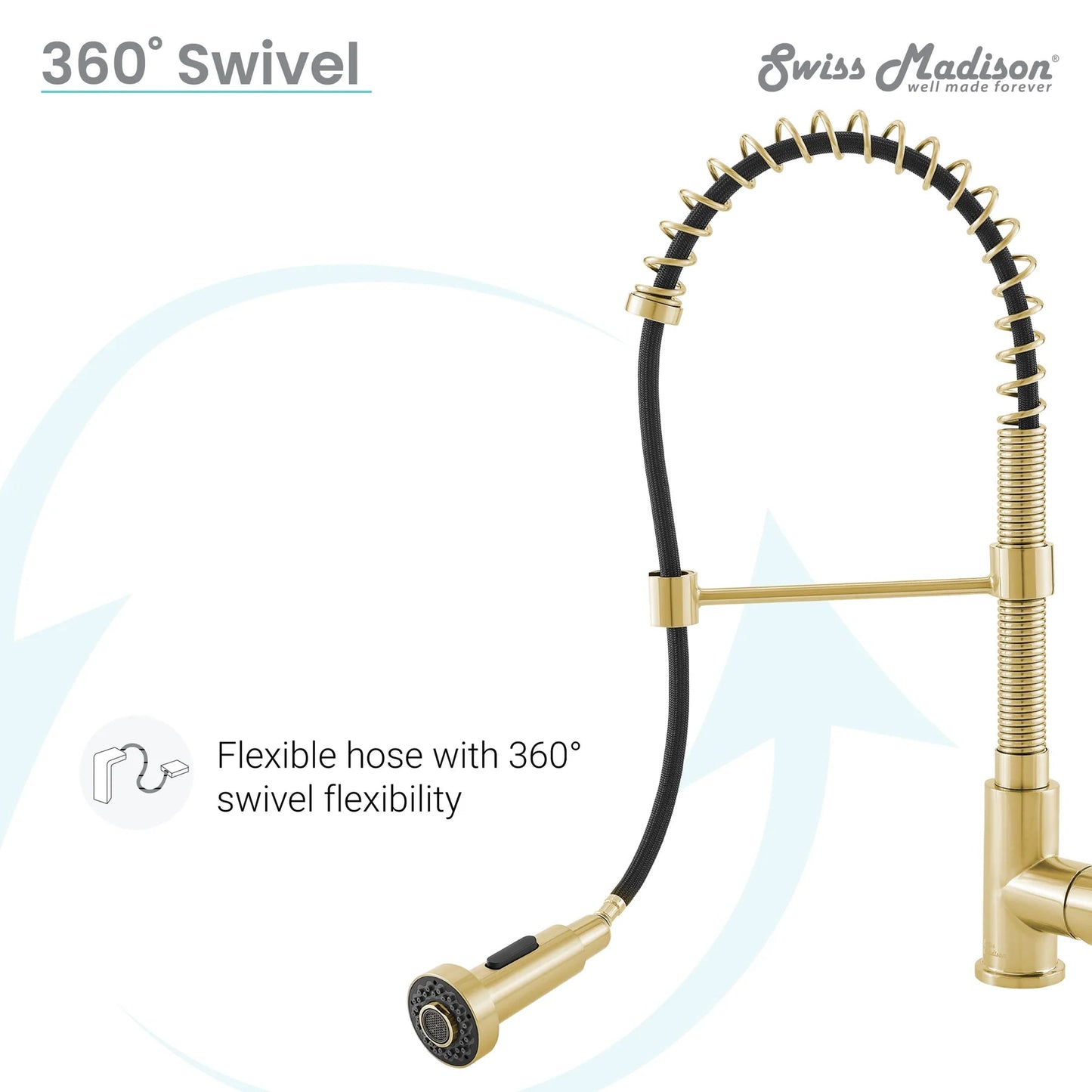 Swiss Madison Nouvet 19" Single Handle Brushed Gold Kitchen Faucet With 360 Swivel and Pull-Out Spray