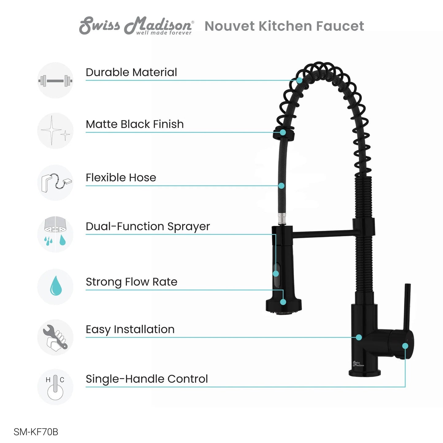 Swiss Madison Nouvet 19" Single Handle Matte Black Kitchen Faucet With 360 Swivel and Pull-Out Spray
