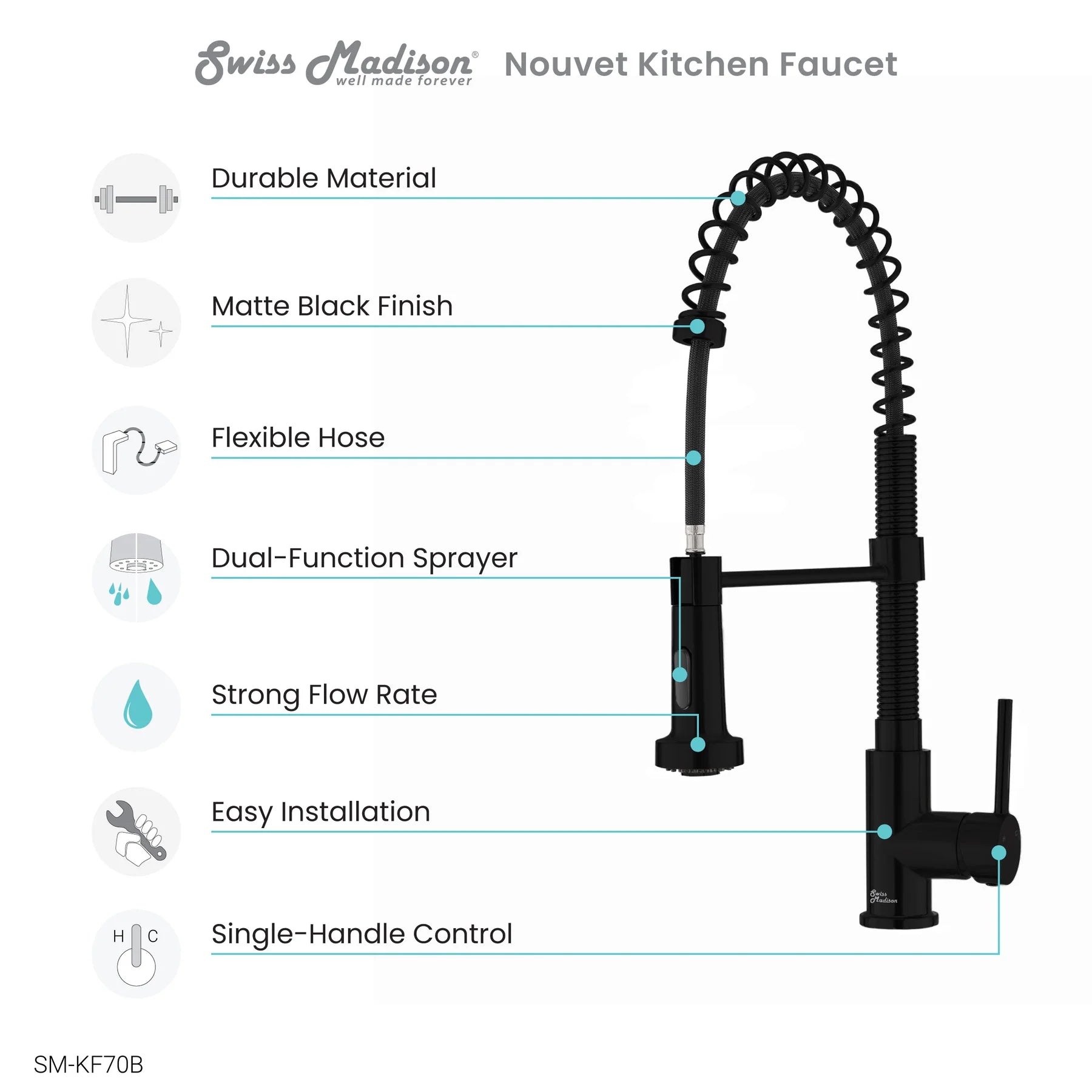 Swiss Madison Nouvet 19" Single Handle Matte Black Kitchen Faucet With 360 Swivel and Pull-Out Spray