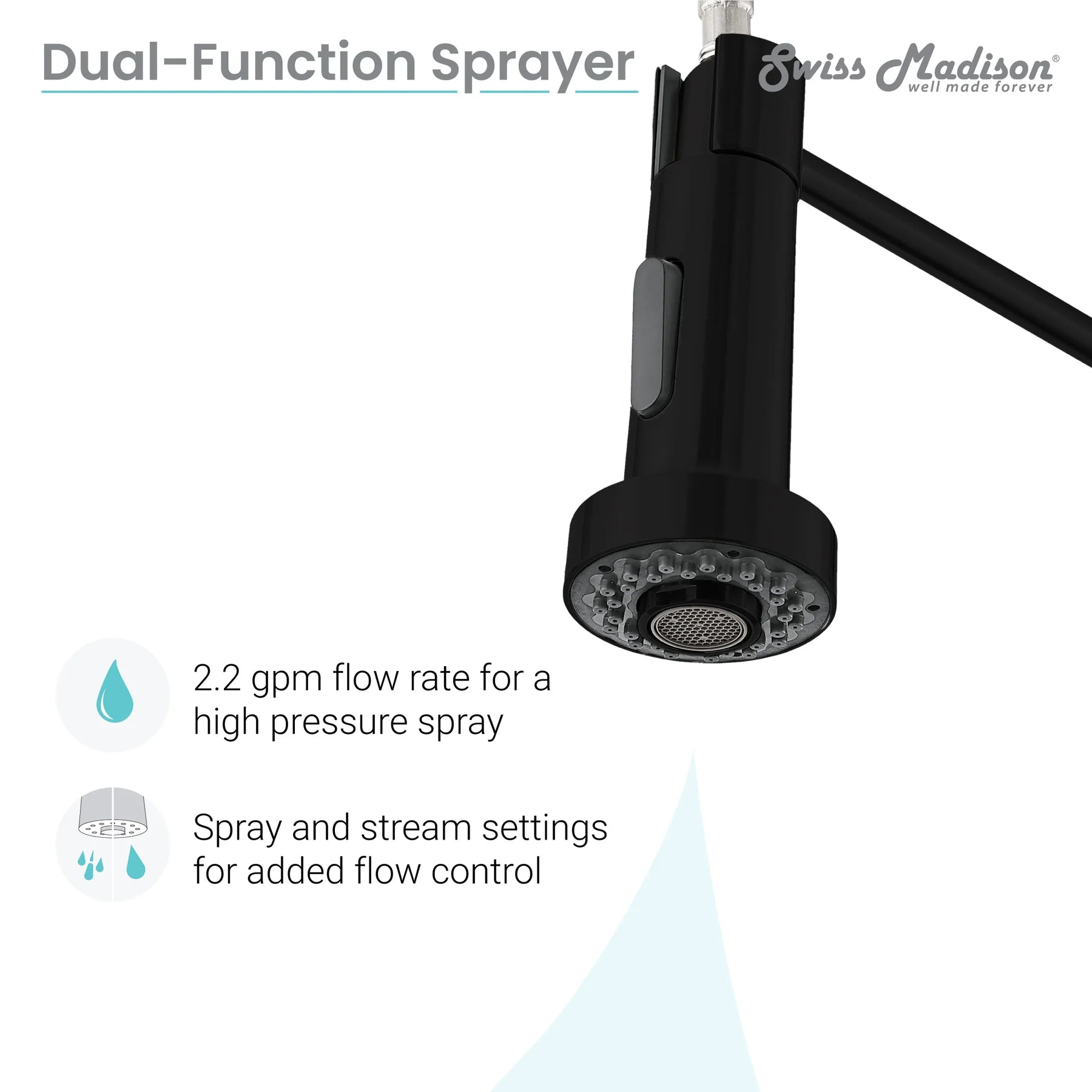 Swiss Madison Nouvet 19" Single Handle Matte Black Kitchen Faucet With 360 Swivel and Pull-Out Spray