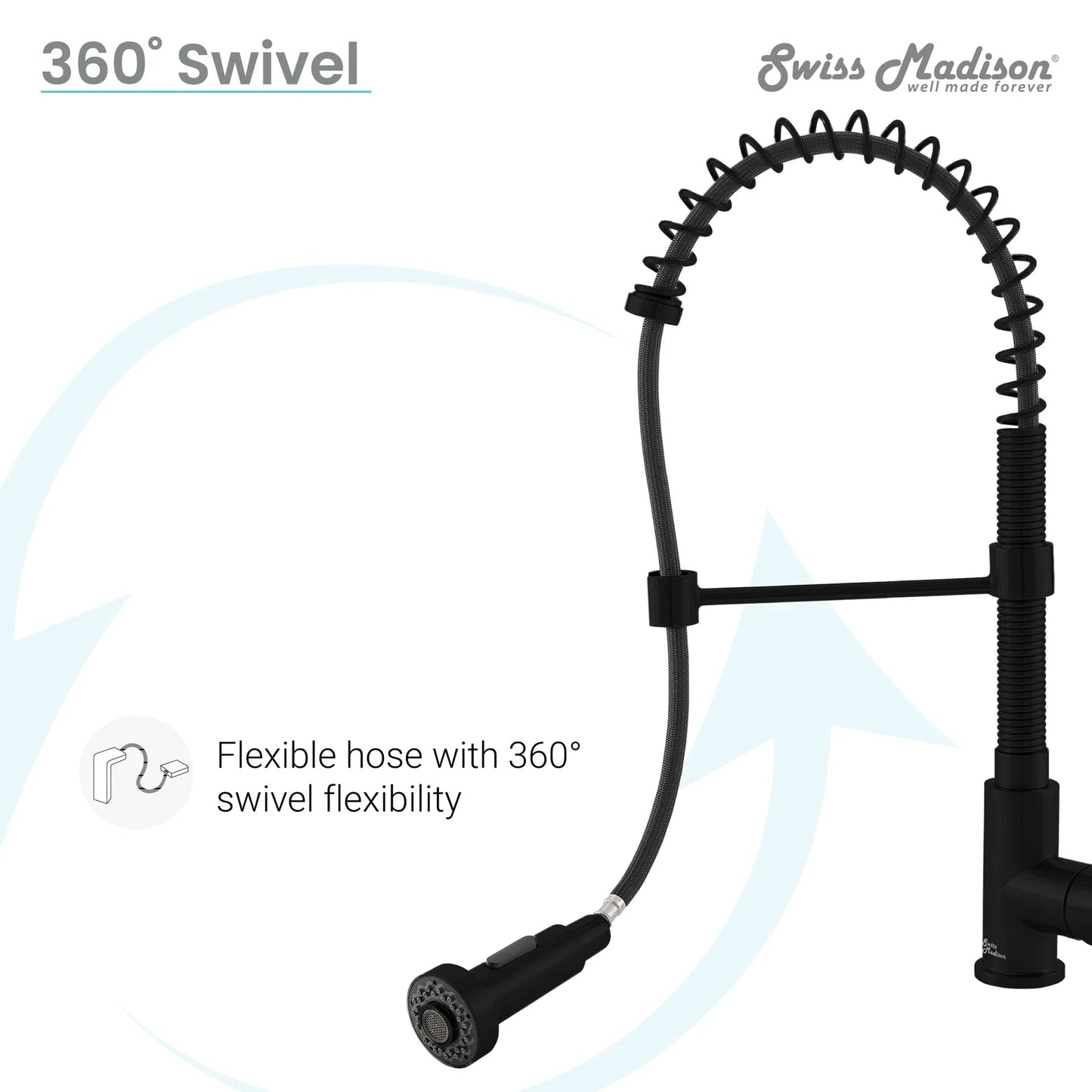 Swiss Madison Nouvet 19" Single Handle Matte Black Kitchen Faucet With 360 Swivel and Pull-Out Spray