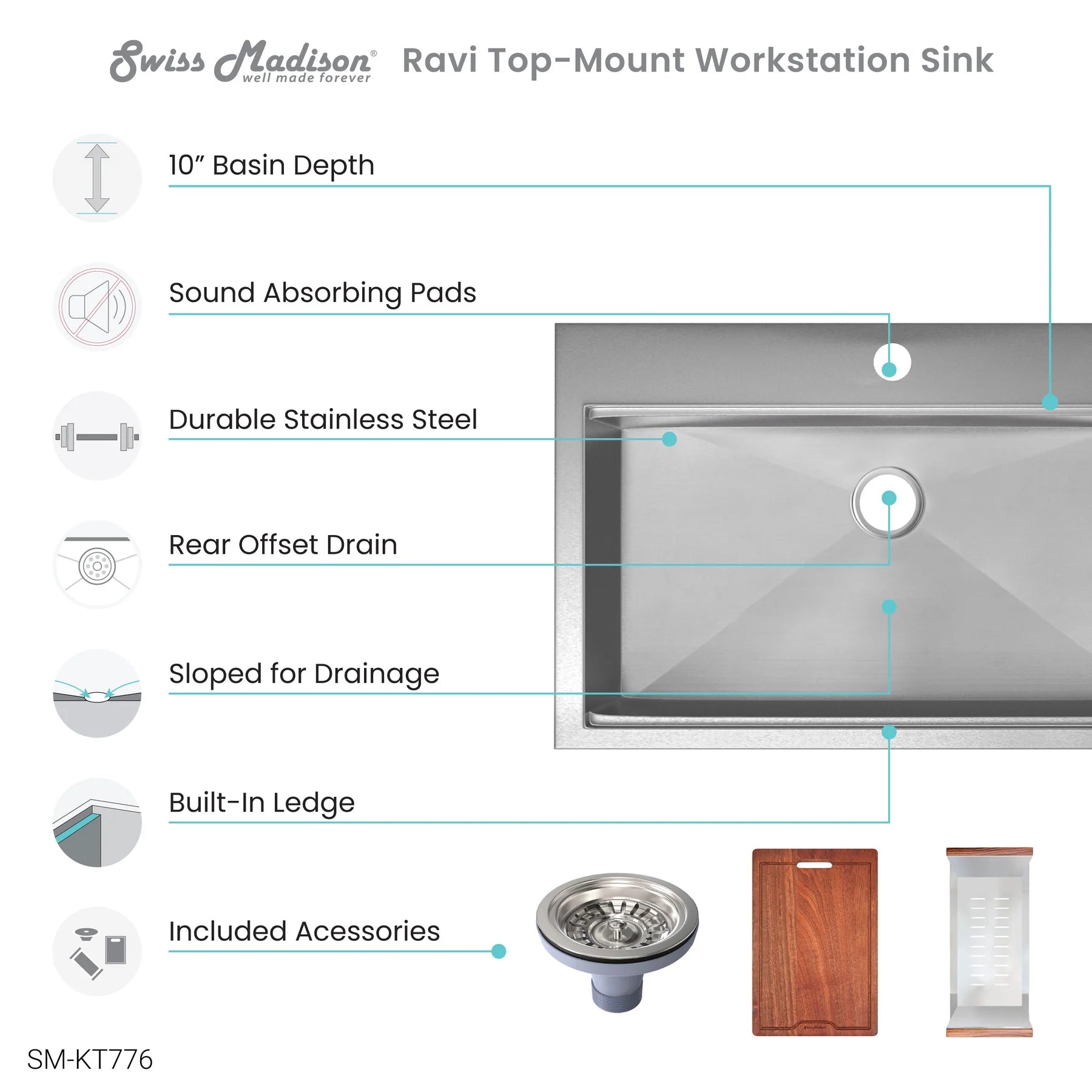 Swiss Madison Ravi 30" Single Stainless Steel Top-Mount Kitchen Workstation Sink