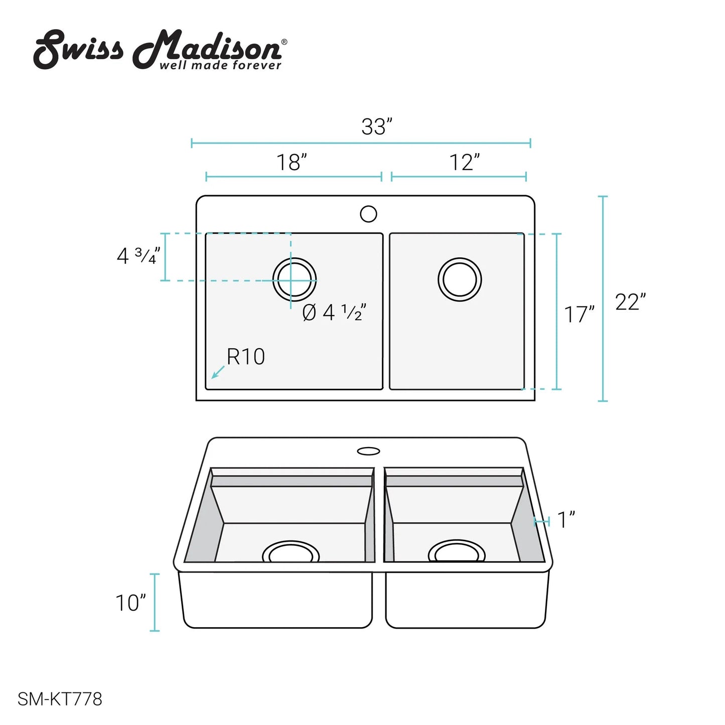 Swiss Madison Ravi 33" Double Stainless Steel Top-Mount Kitchen Workstation Sink