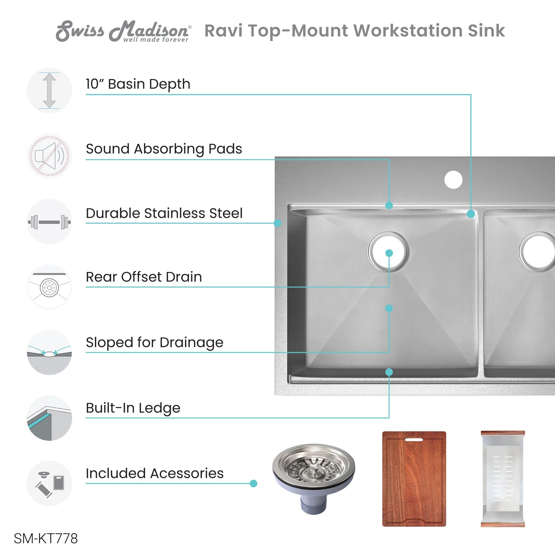 Swiss Madison Ravi 33" Double Stainless Steel Top-Mount Kitchen Workstation Sink