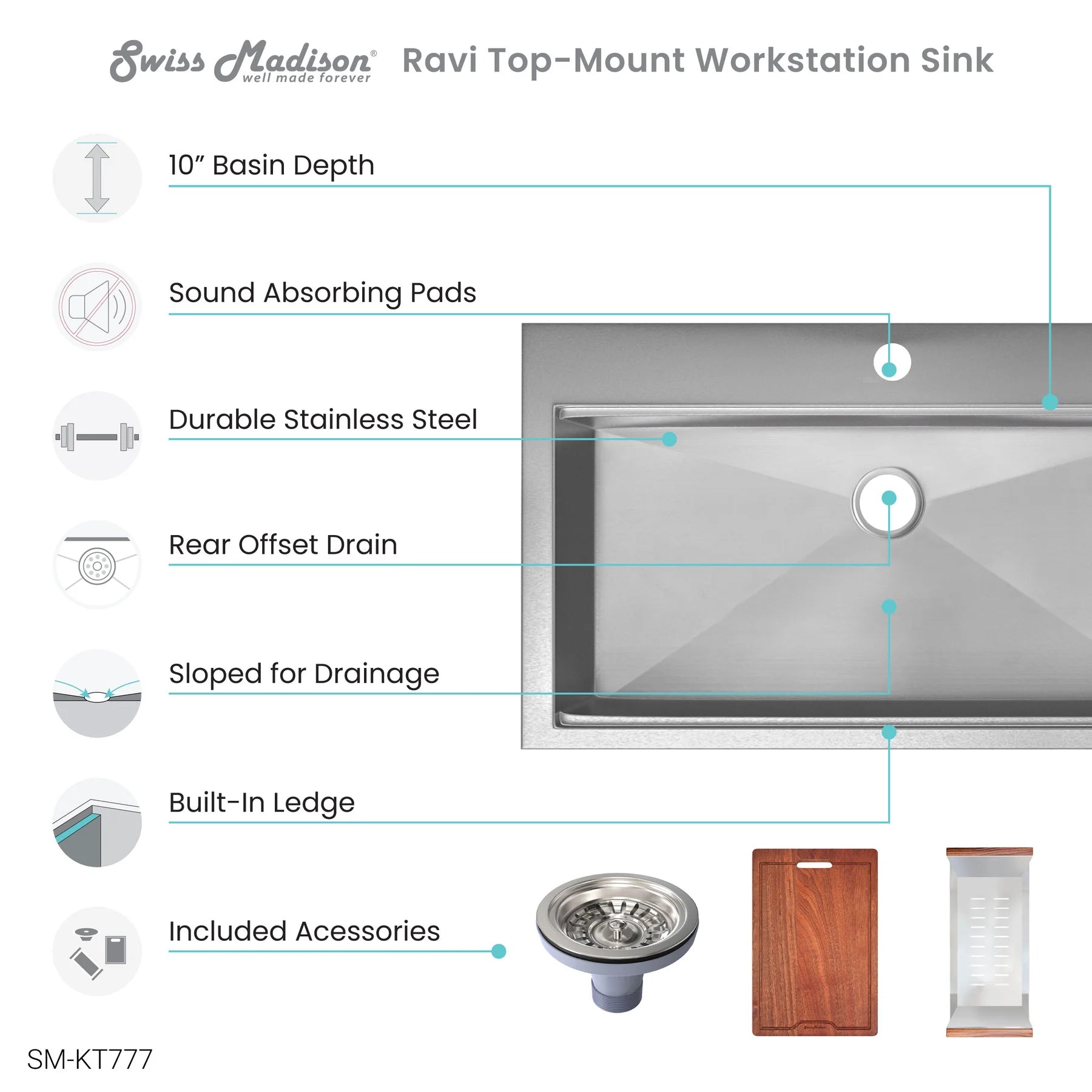 Swiss Madison Ravi 33" Single Stainless Steel Top-Mount Kitchen Workstation Sink