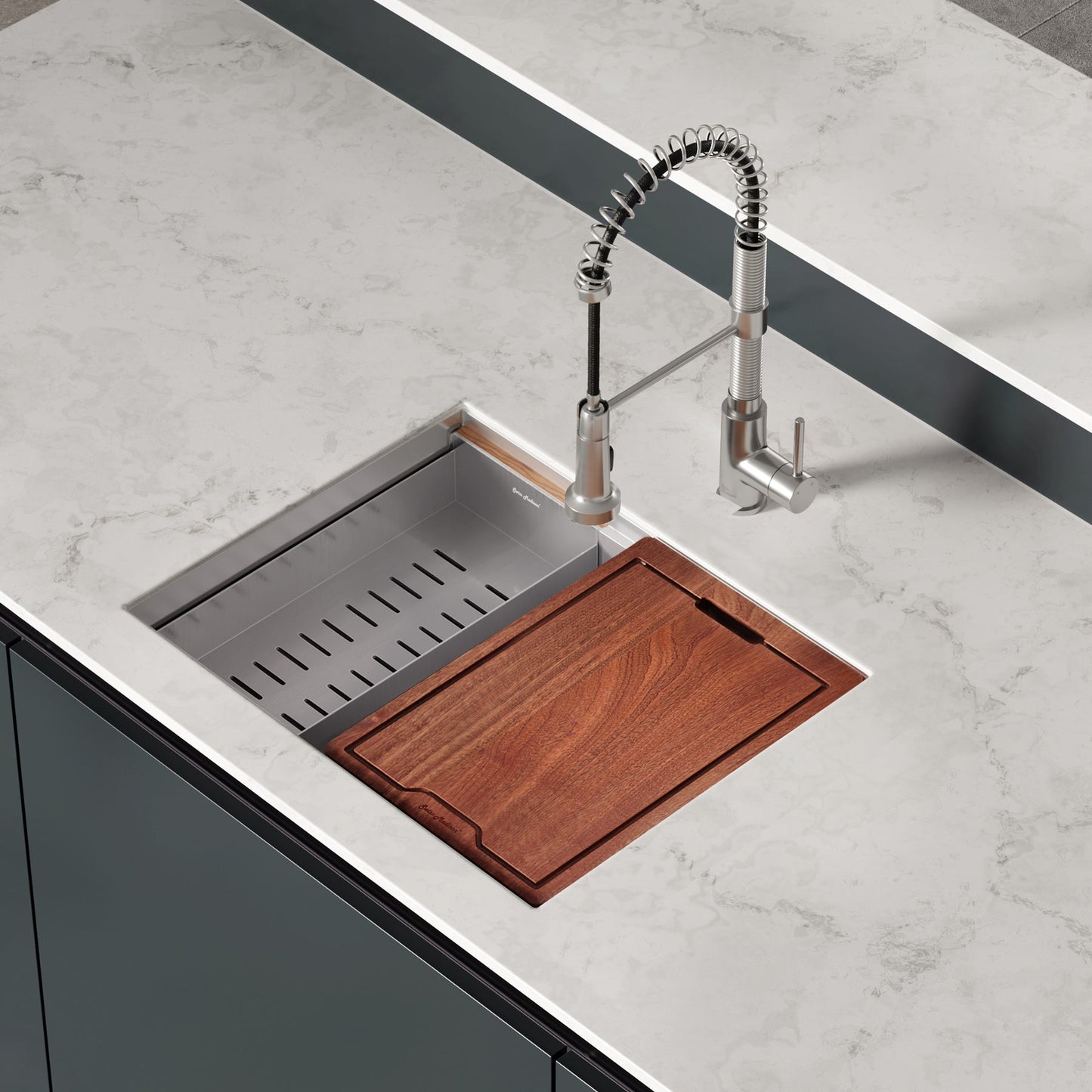Swiss Madison Rivage 22" x 19" Single Basin Stainless Steel Undermount Kitchen Workstation Sink With Drain, Cutting Board and Colander