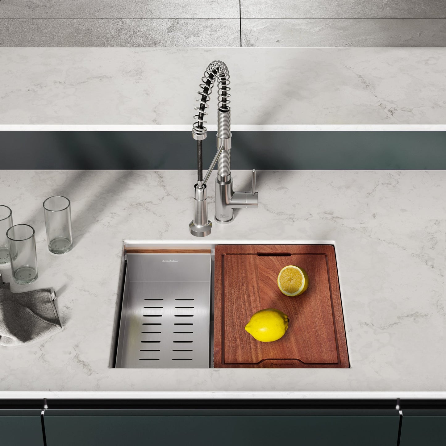 Swiss Madison Rivage 22" x 19" Single Basin Stainless Steel Undermount Kitchen Workstation Sink With Drain, Cutting Board and Colander