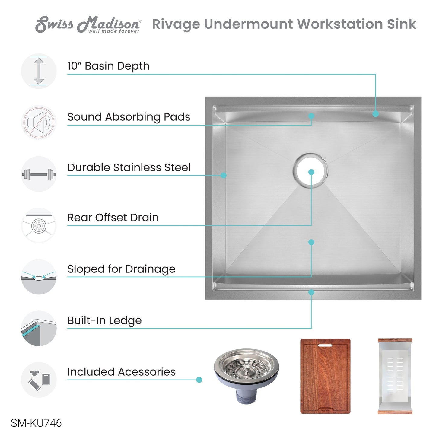 Swiss Madison Rivage 22" x 19" Single Basin Stainless Steel Undermount Kitchen Workstation Sink With Drain, Cutting Board and Colander