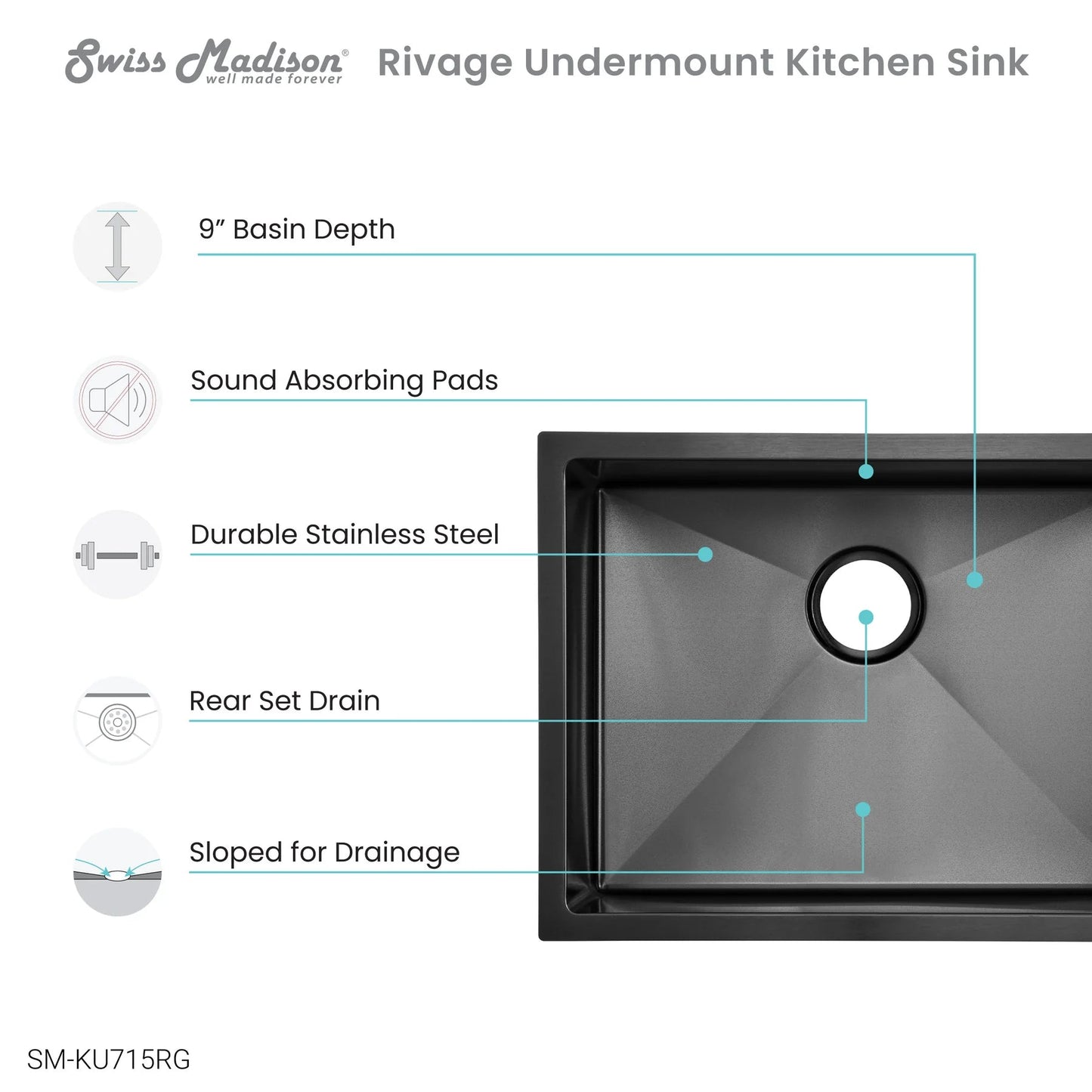 Swiss Madison Rivage 23" x 18" Black Single Basin Stainless Steel Undermount Kitchen Sink