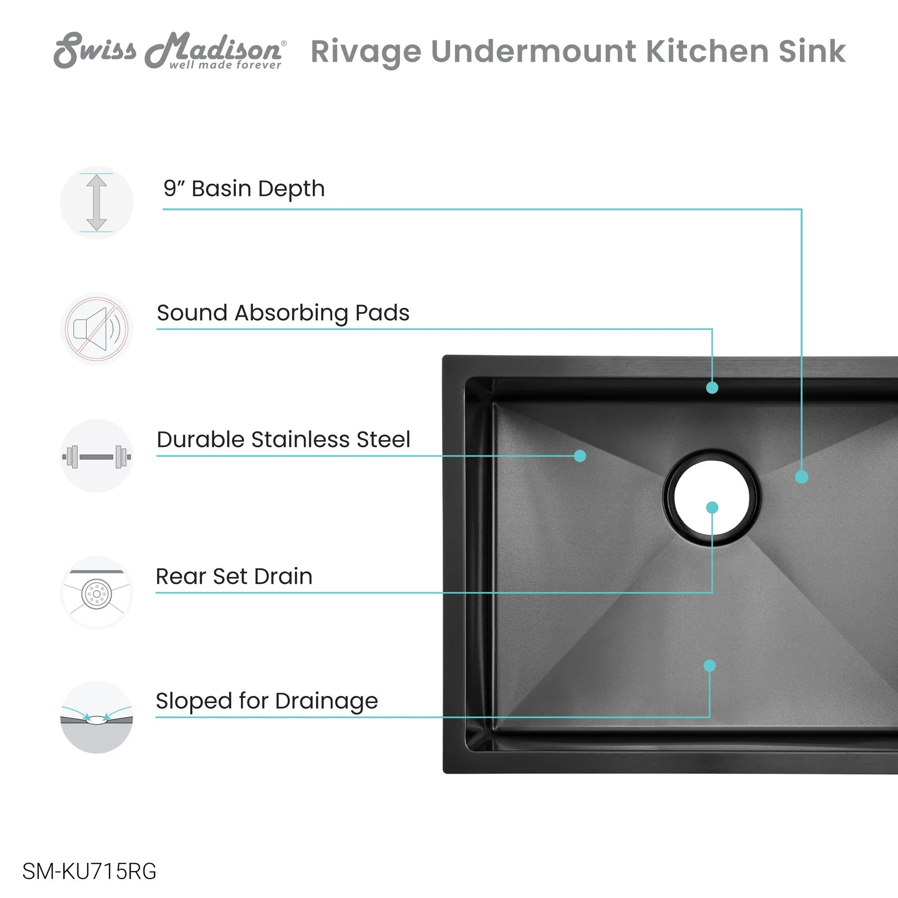 Swiss Madison Rivage 23" x 18" Black Single Basin Stainless Steel Undermount Kitchen Sink