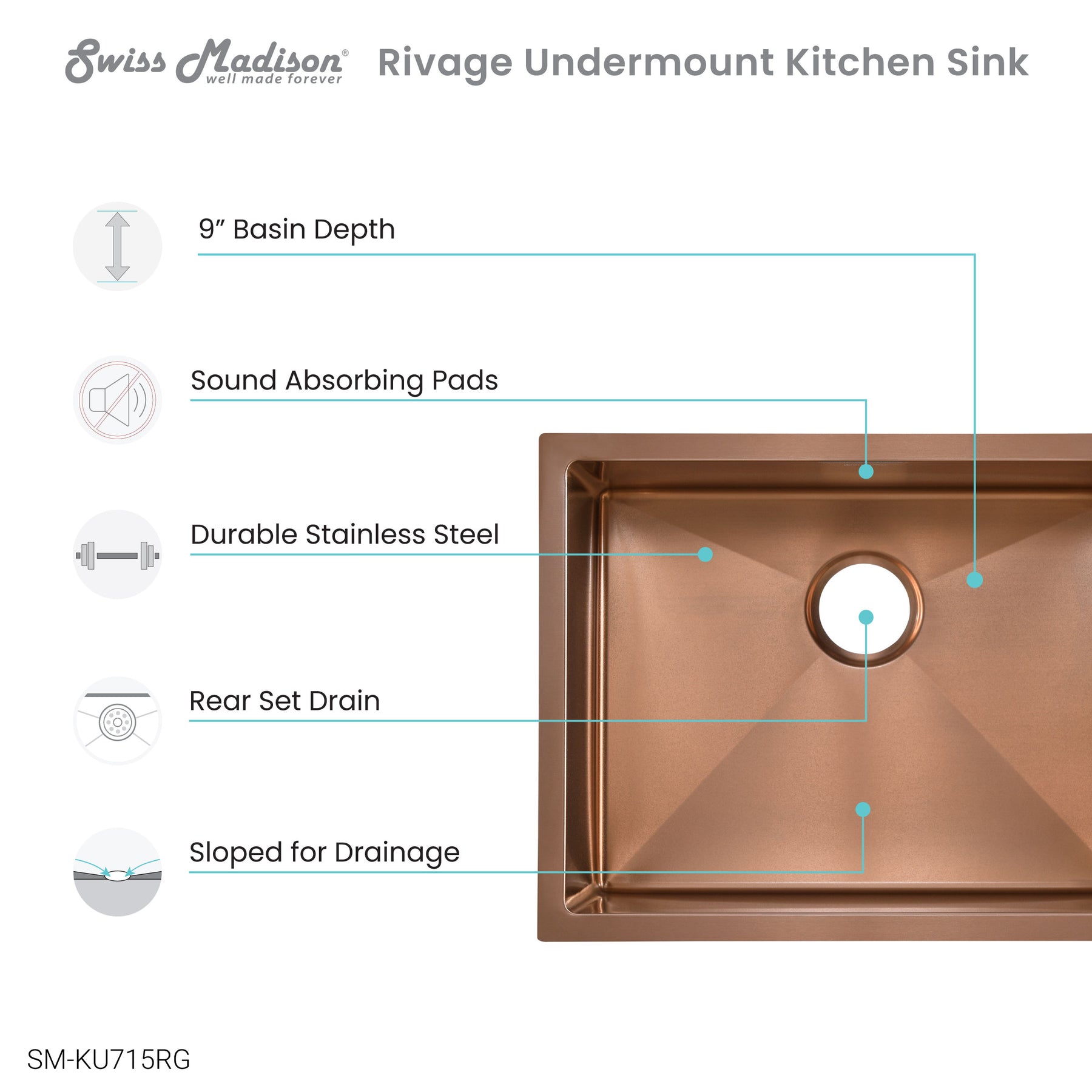 Swiss Madison Rivage 23" x 18" Rose Gold Single Basin Stainless Steel Undermount Kitchen Sink