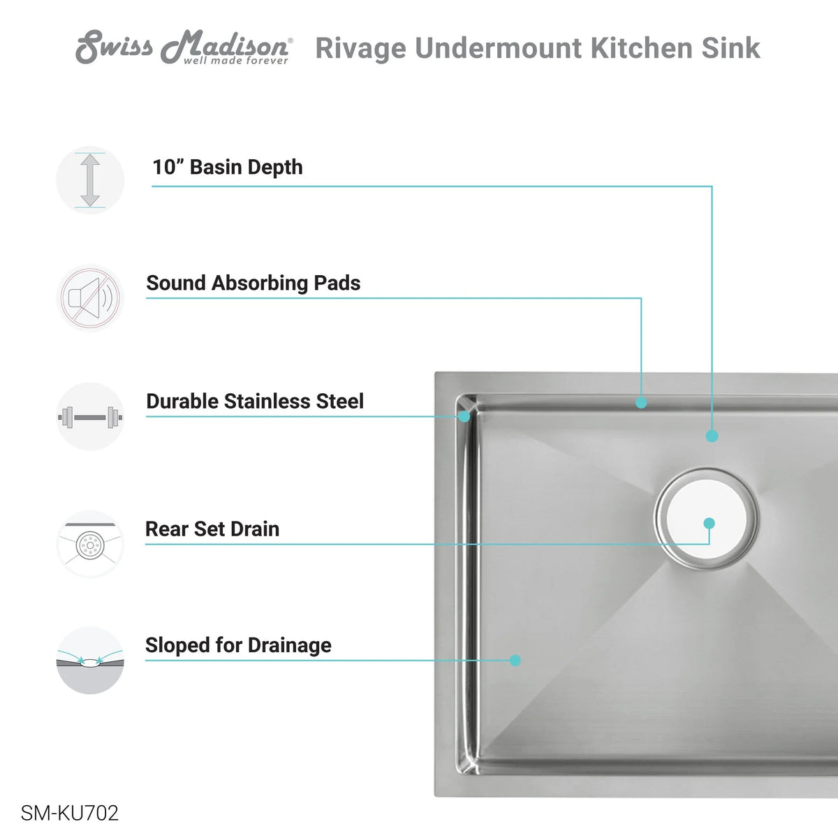 Swiss Madison Rivage 23" x 18" Single Stainless Steel Undermount Kitchen Sink