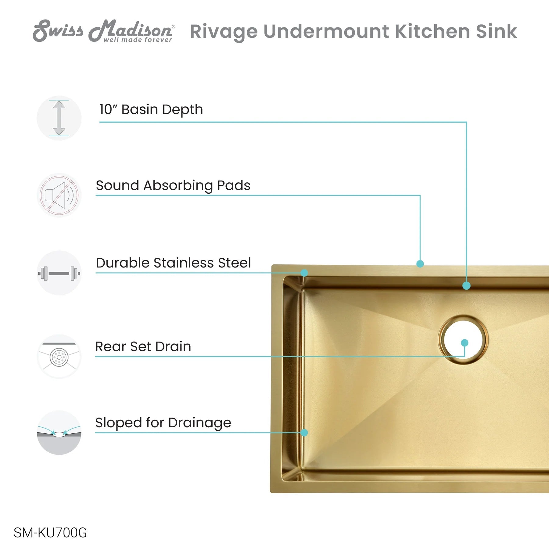 Swiss Madison Rivage 30" Single Rectangular Gold Stainless Steel Undermount Kitchen Sink