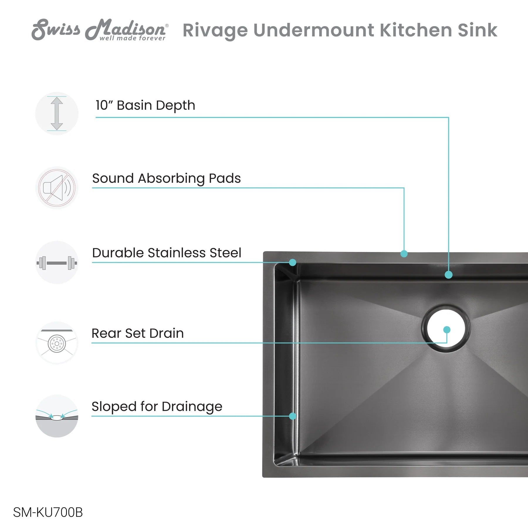 Swiss Madison Rivage 30" Single Rectangular Matte Black Stainless Steel Undermount Kitchen Sink