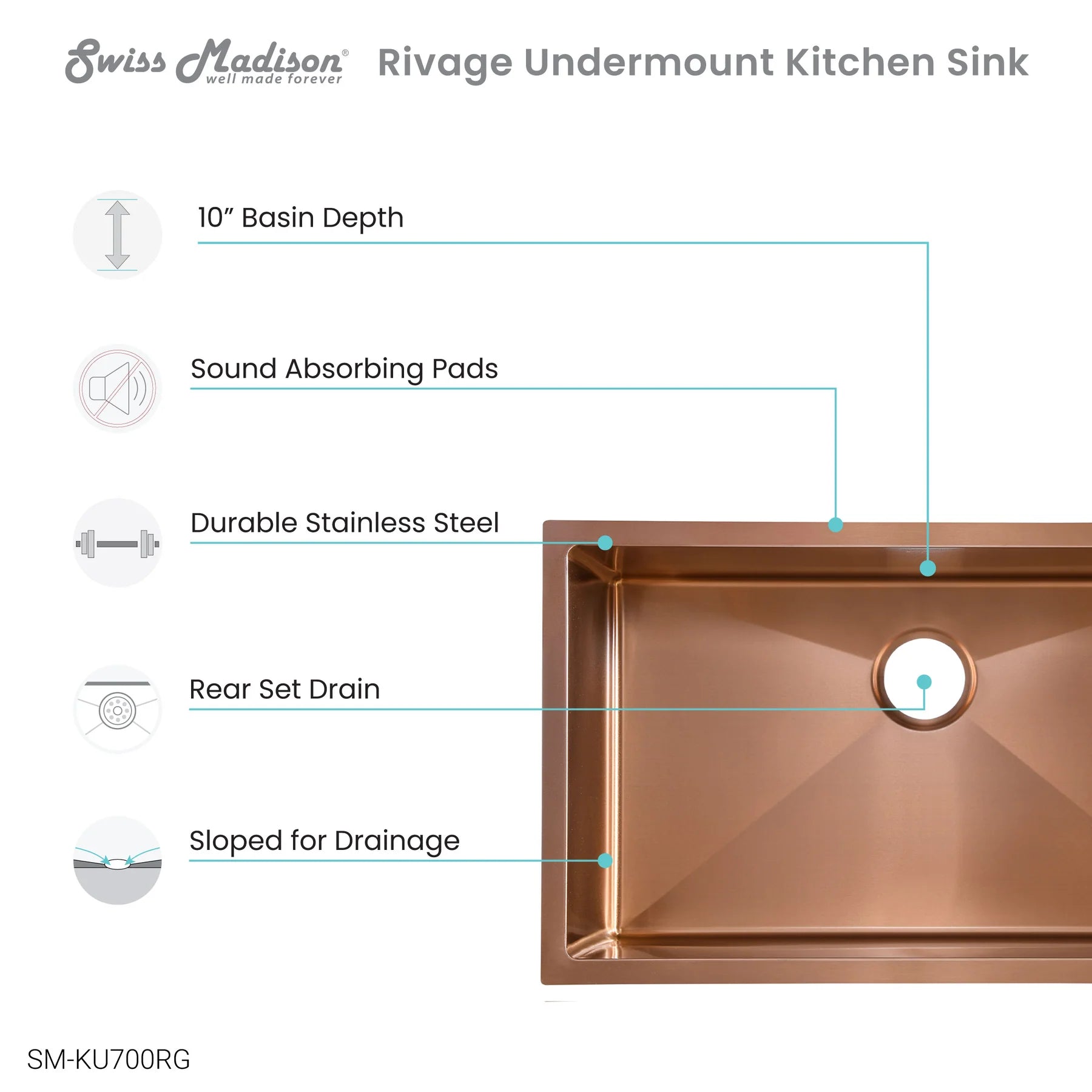 Swiss Madison Rivage 30" Single Rectangular Rose Gold Stainless Steel Undermount Kitchen Sink