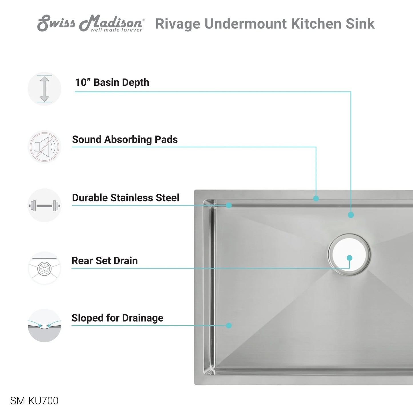 Swiss Madison Rivage 30" Single Rectangular Stainless Steel Undermount Kitchen Sink