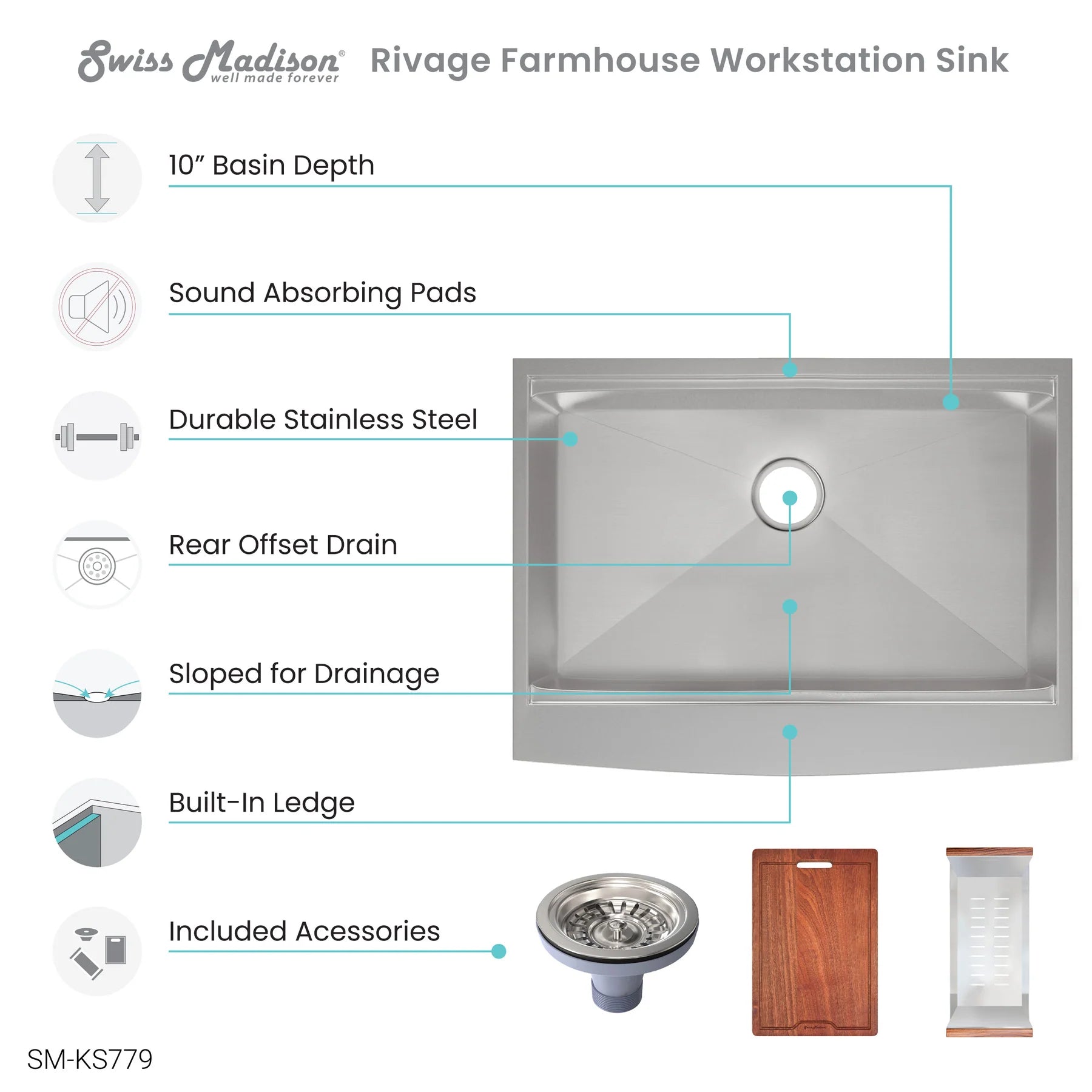 Swiss Madison Rivage 30" Single Stainless Steel Farmhouse Kitchen Workstation Sink With Apron