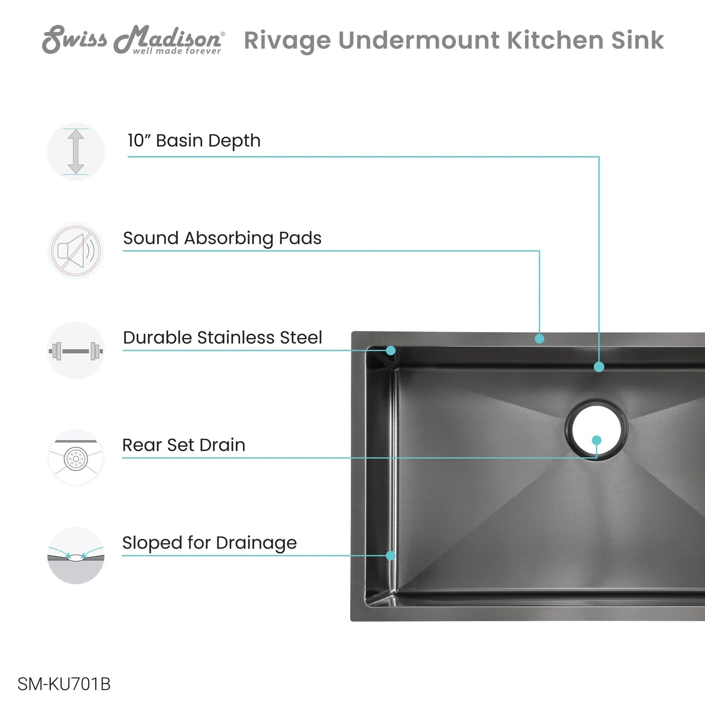 Swiss Madison Rivage 32" Single Rectangular Matte Black Stainless Steel Undermount Kitchen Sink