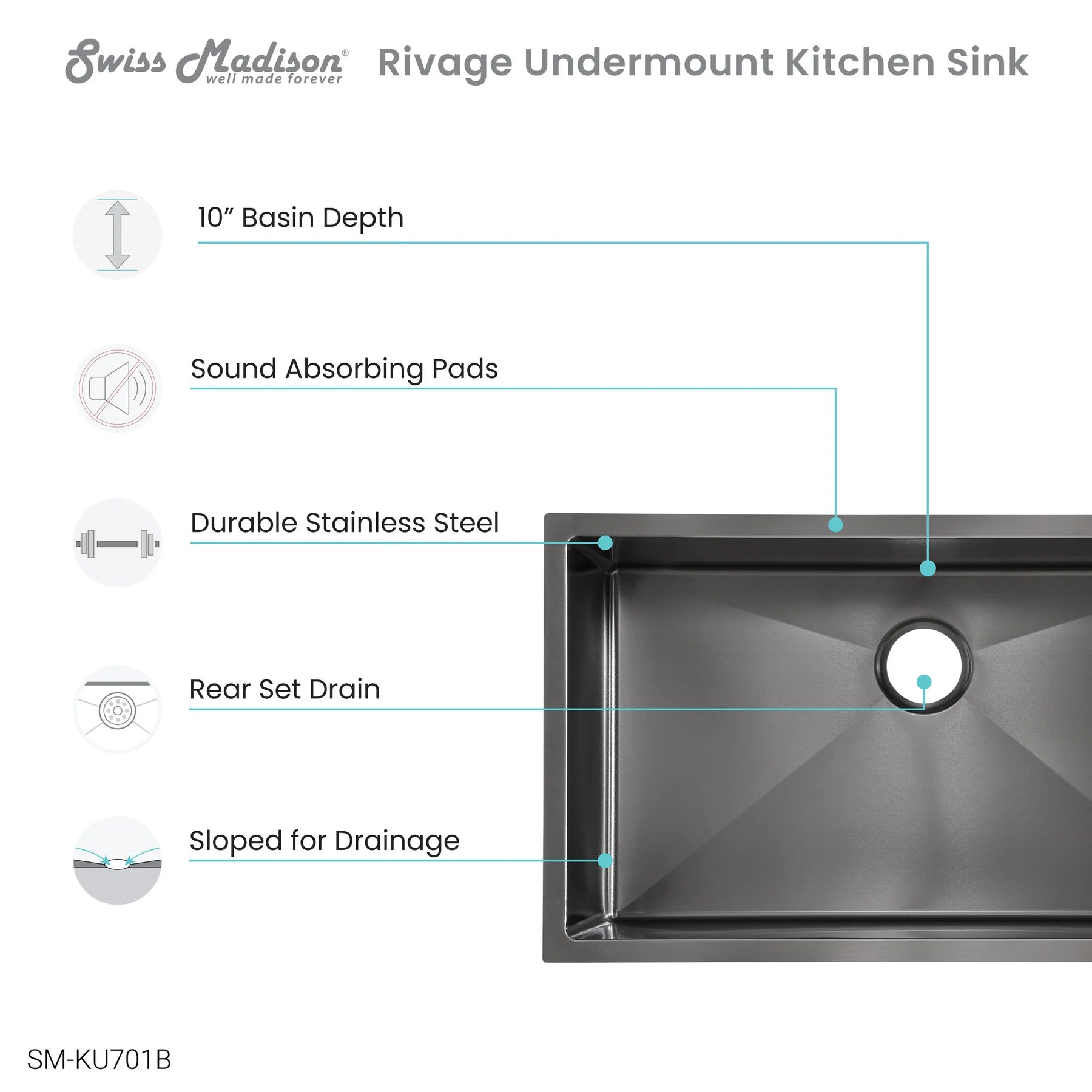 Swiss Madison Rivage 32" Single Rectangular Matte Black Stainless Steel Undermount Kitchen Sink