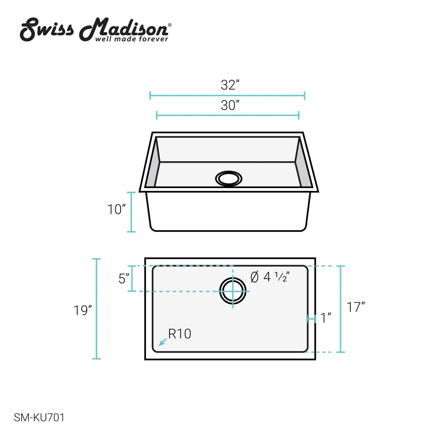 Swiss Madison Rivage 32" Single Rectangular Stainless Steel Undermount Kitchen Sink