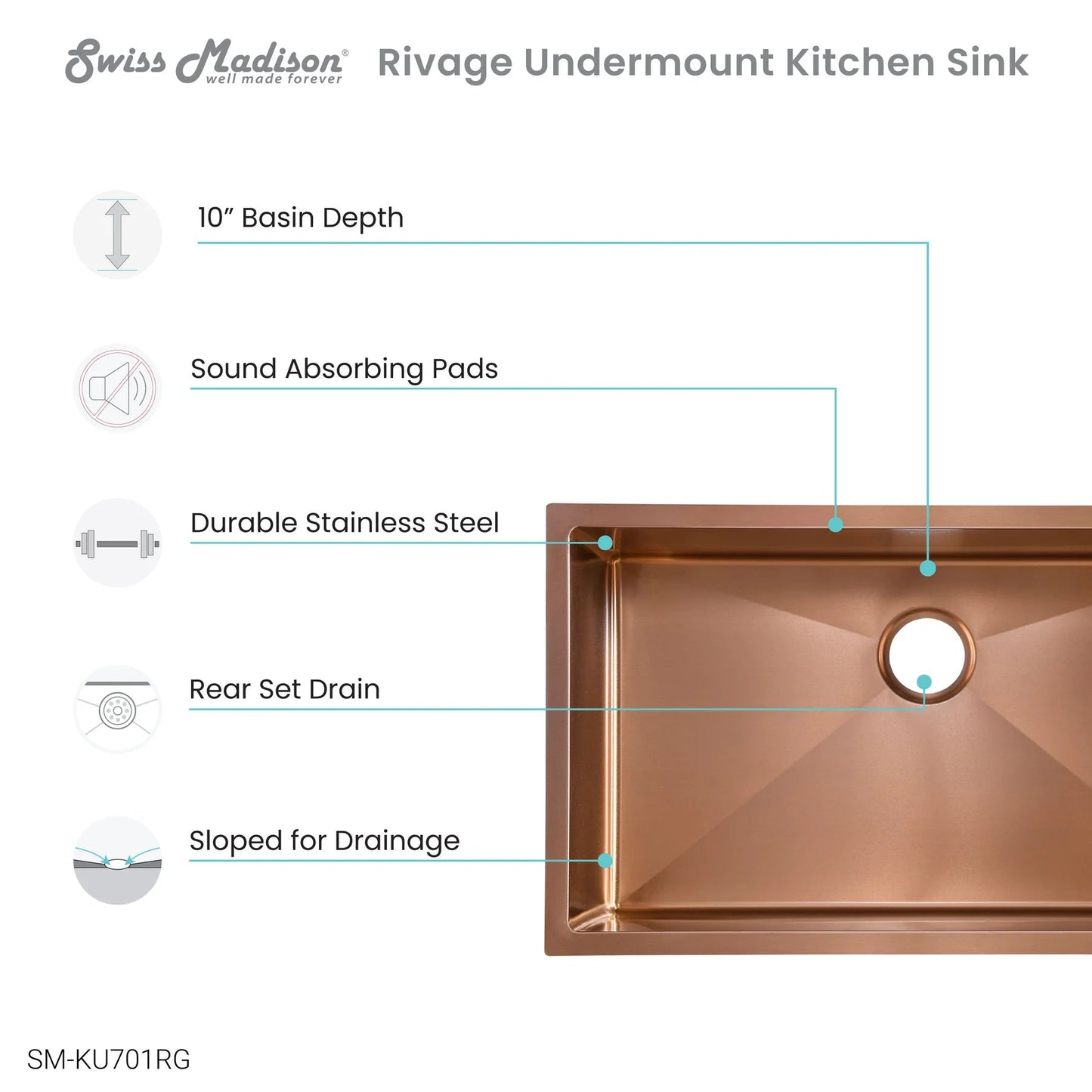 Swiss Madison Rivage 32" x 19" Single Rose Gold Stainless Steel Undermount Kitchen Sink