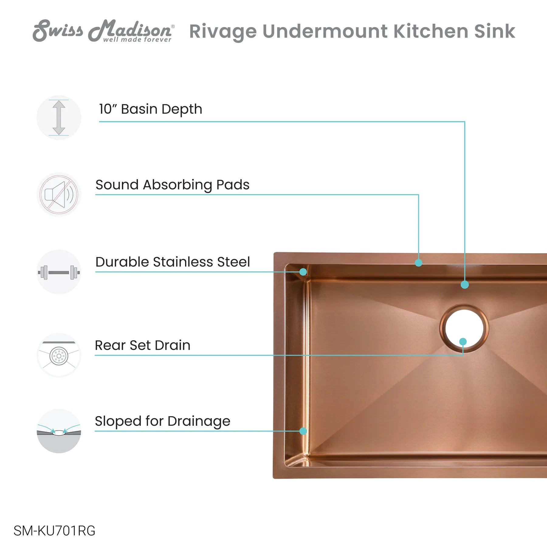 Swiss Madison Rivage 32" x 19" Single Rose Gold Stainless Steel Undermount Kitchen Sink