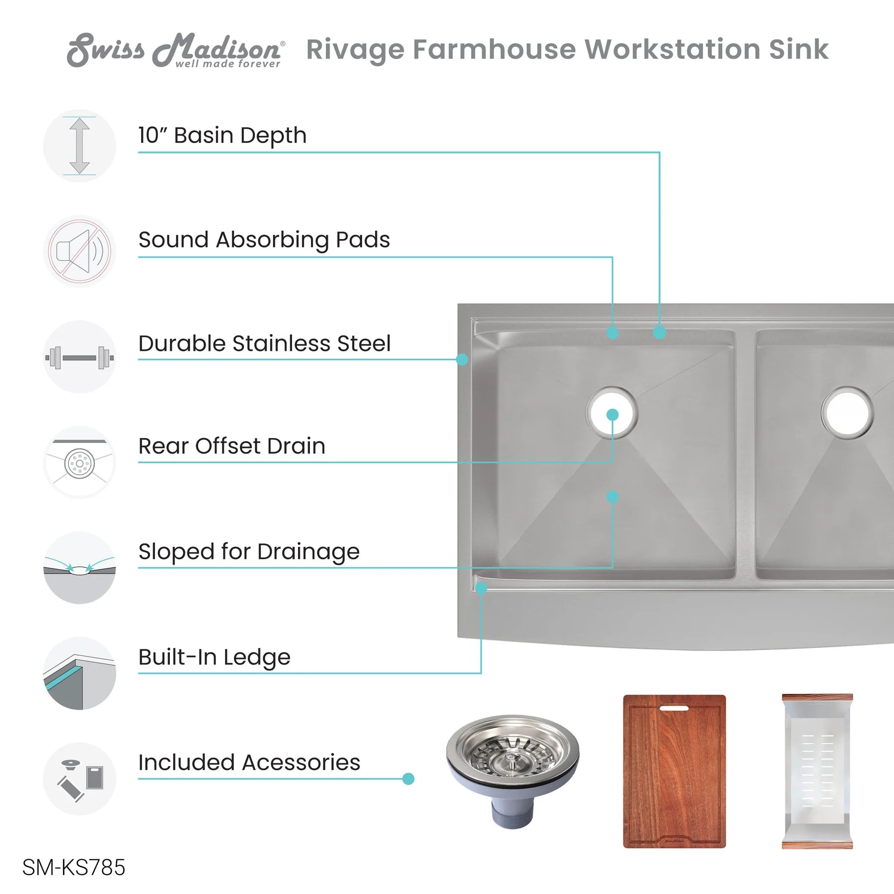 Swiss Madison Rivage 33" Double Stainless Steel Farmhouse Kitchen Workstation Sink With Apron