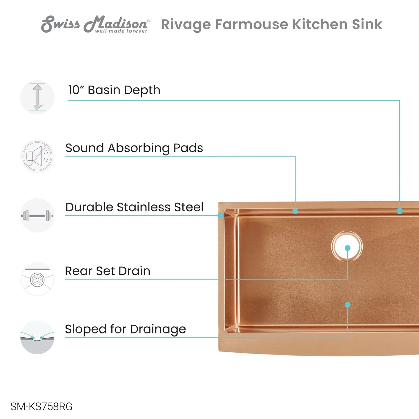 Swiss Madison Rivage 33" Single Rose Gold Stainless Steel Farmhouse Kitchen Sink With Apron