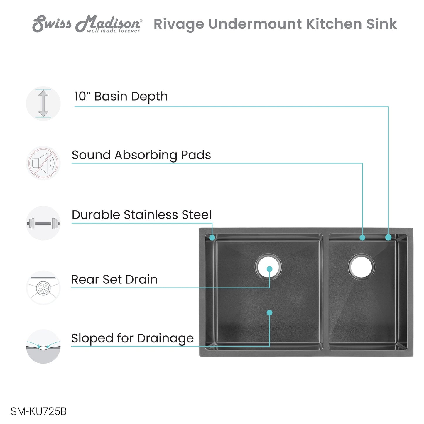 Swiss Madison Rivage 33" x 20" Black Double Basin 60/40 Stainless Steel Undermount Kitchen Sink