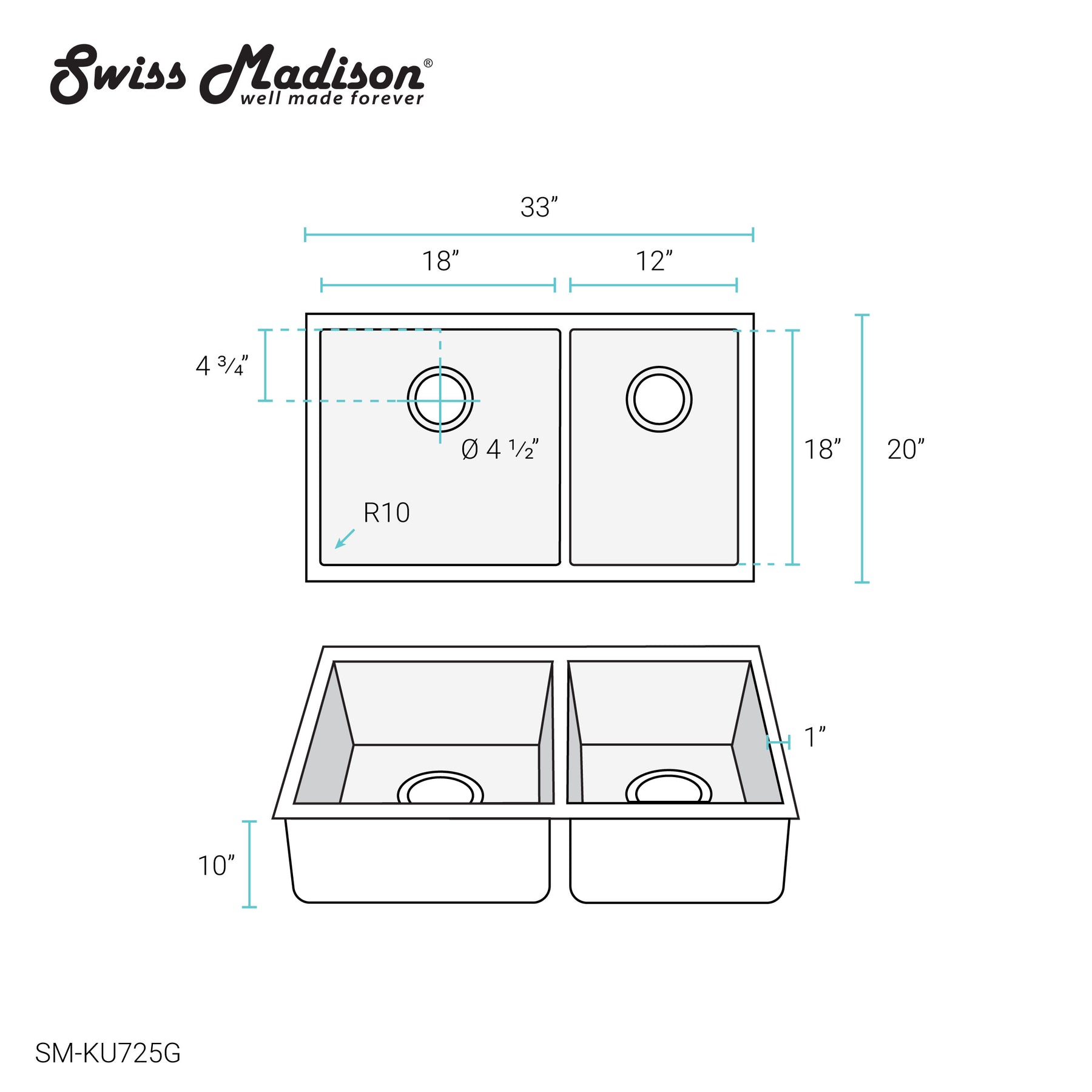 Swiss Madison Rivage 33" x 20" Gold Double Basin 60/40 Stainless Steel Undermount Kitchen Sink
