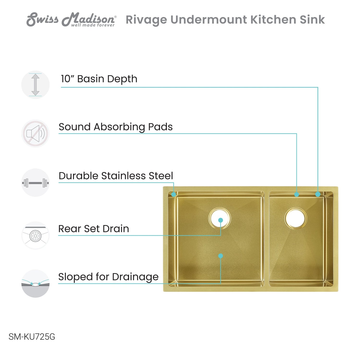 Swiss Madison Rivage 33" x 20" Gold Double Basin 60/40 Stainless Steel Undermount Kitchen Sink