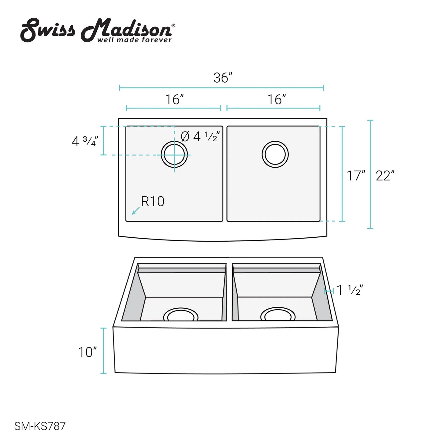 Swiss Madison Rivage 36" Double Stainless Steel Farmhouse Kitchen Workstation Sink With Apron